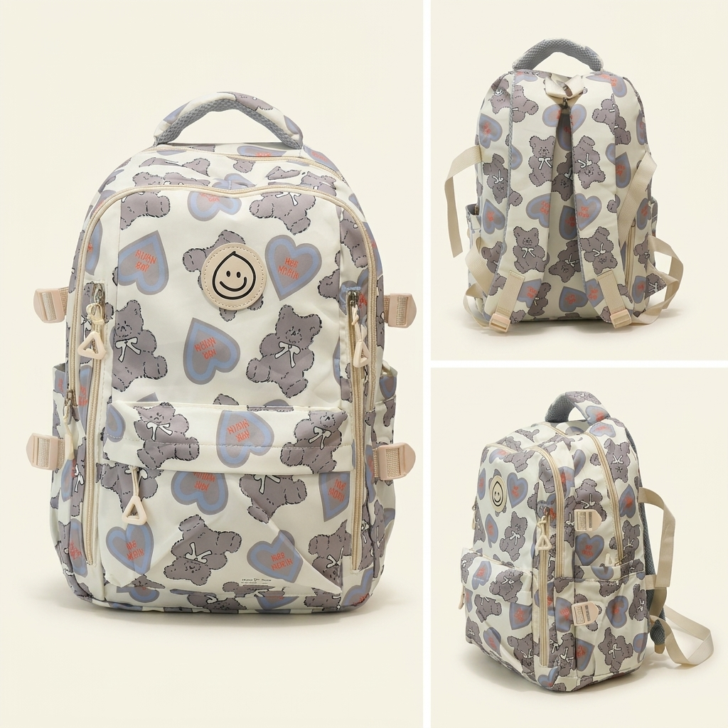 Premium Teddy Hearts Diaper Backpack – Cream