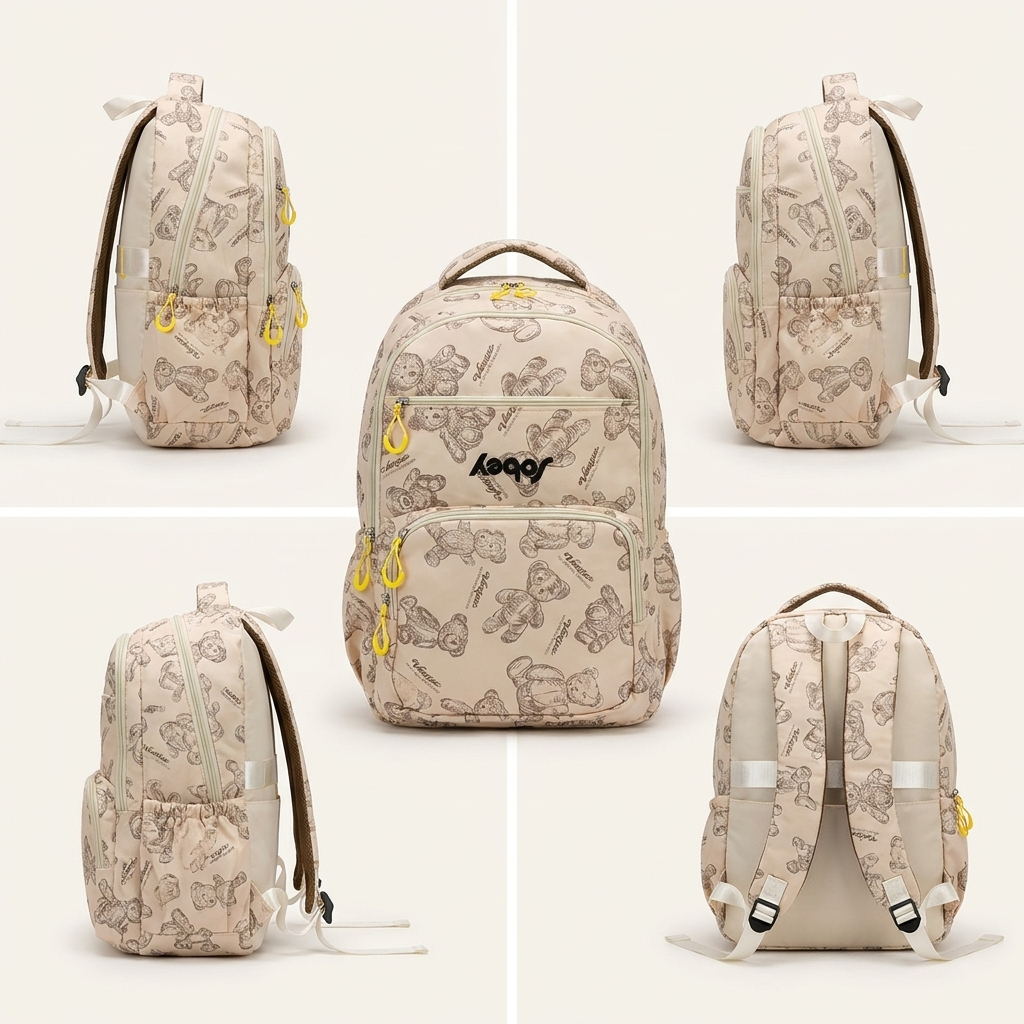 Premium Teddy Print Diaper Backpack – Beige