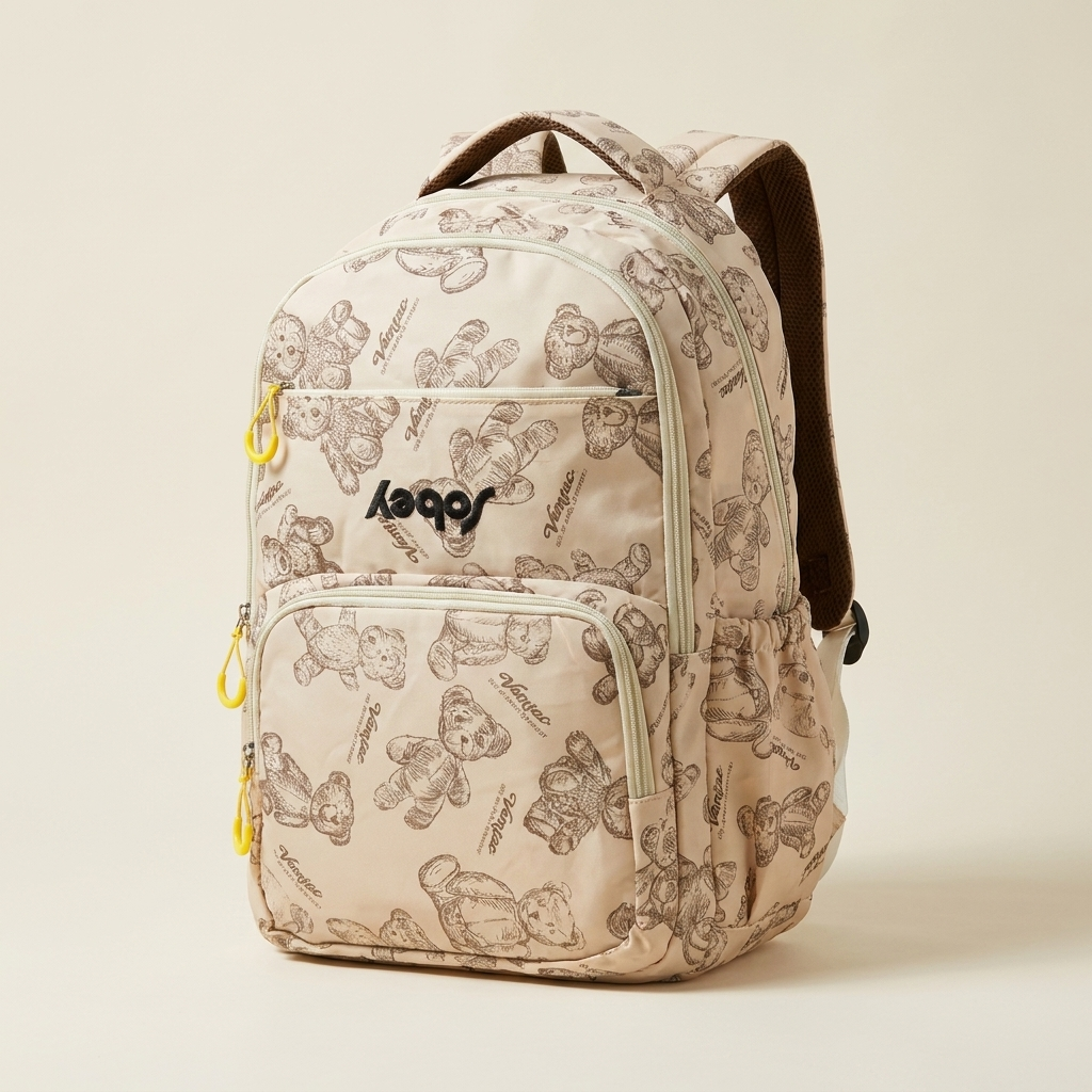 Premium Teddy Print Diaper Backpack – Beige