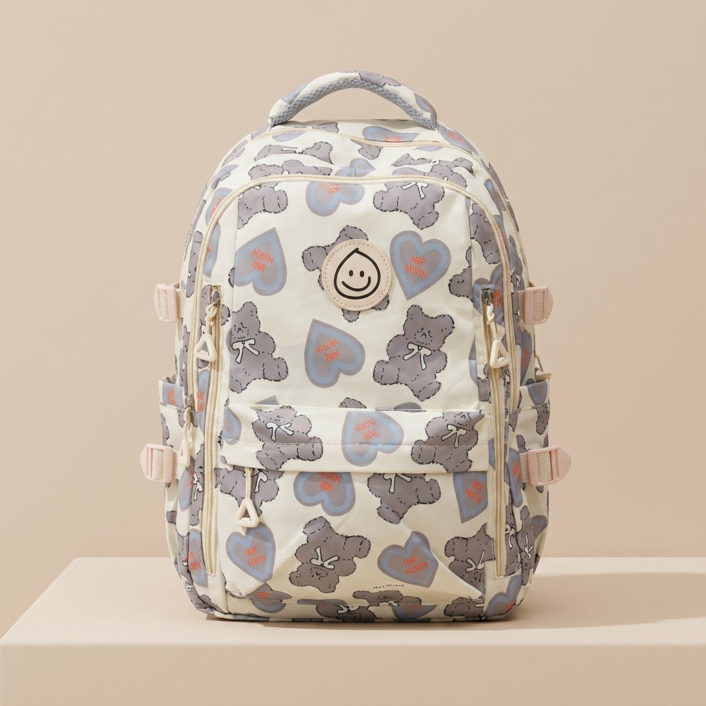 Premium Teddy Hearts Diaper Backpack – Cream