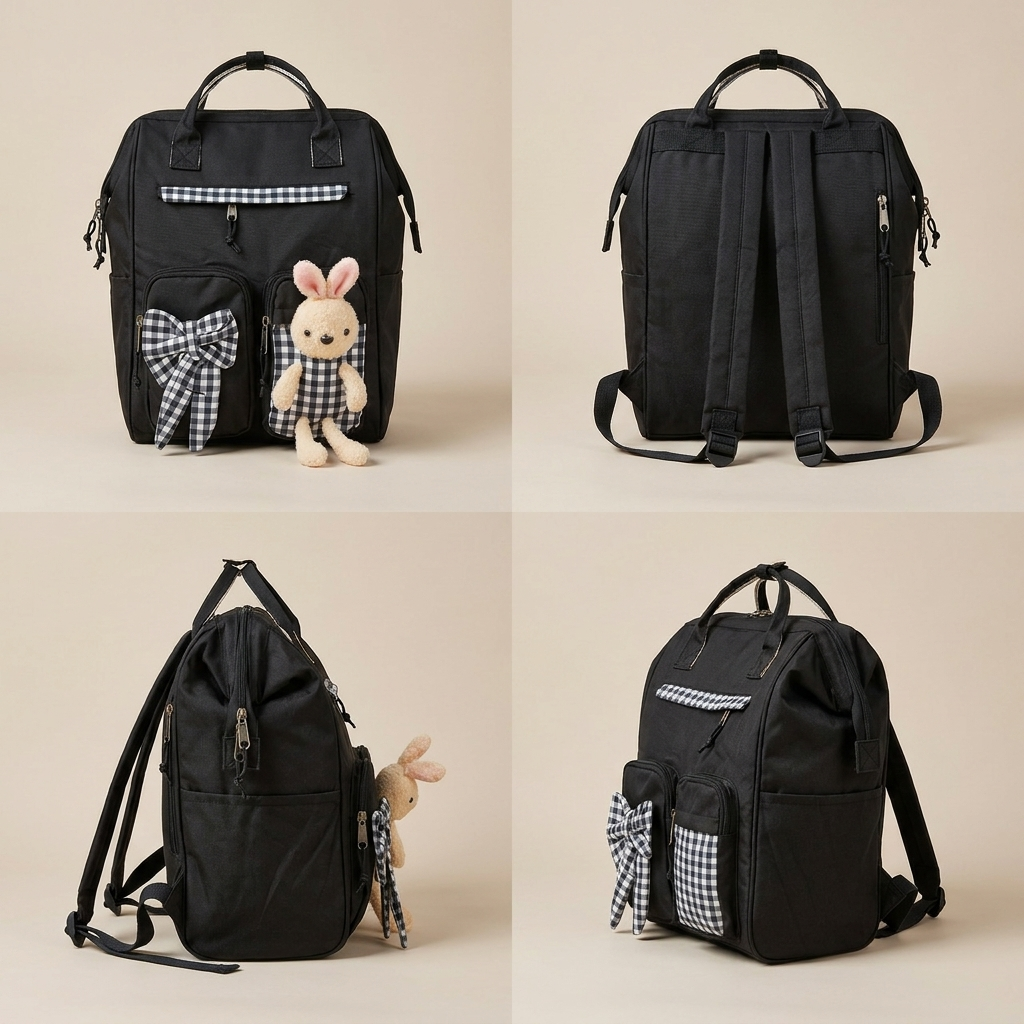 Premium Black Bunny Diaper Backpack – Large Capacity Mother Bag