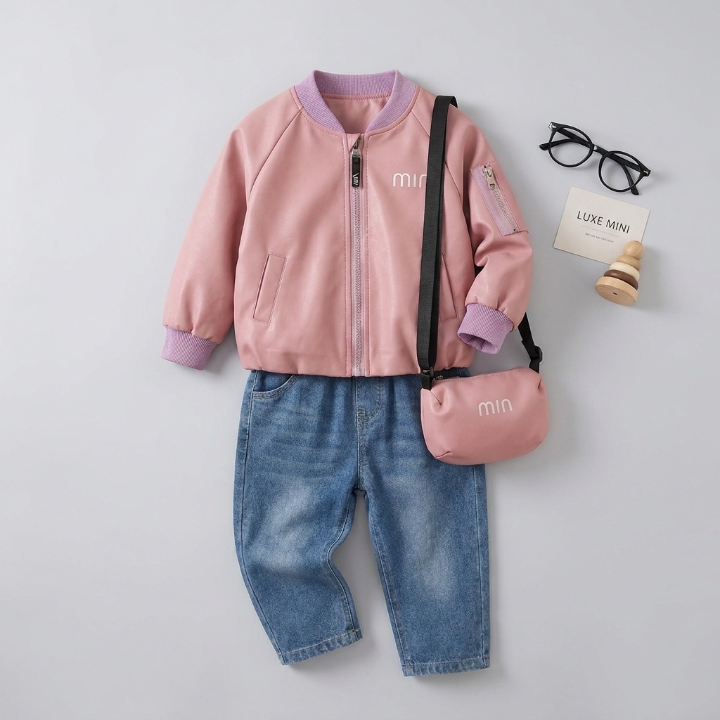 Premium Girls Bomber Jacket & Denim Pants Set with Crossbody Bag