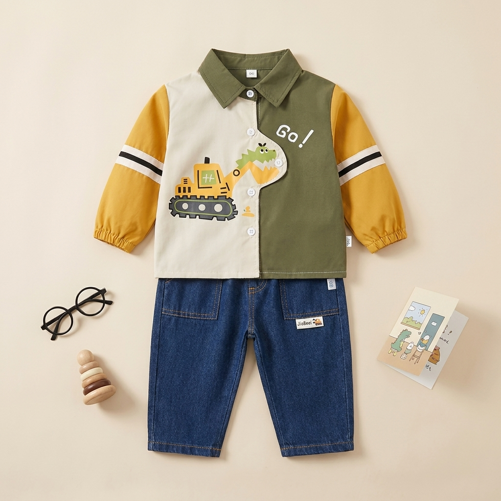 Boys Dino Construction Shirt & Denim Pants Set