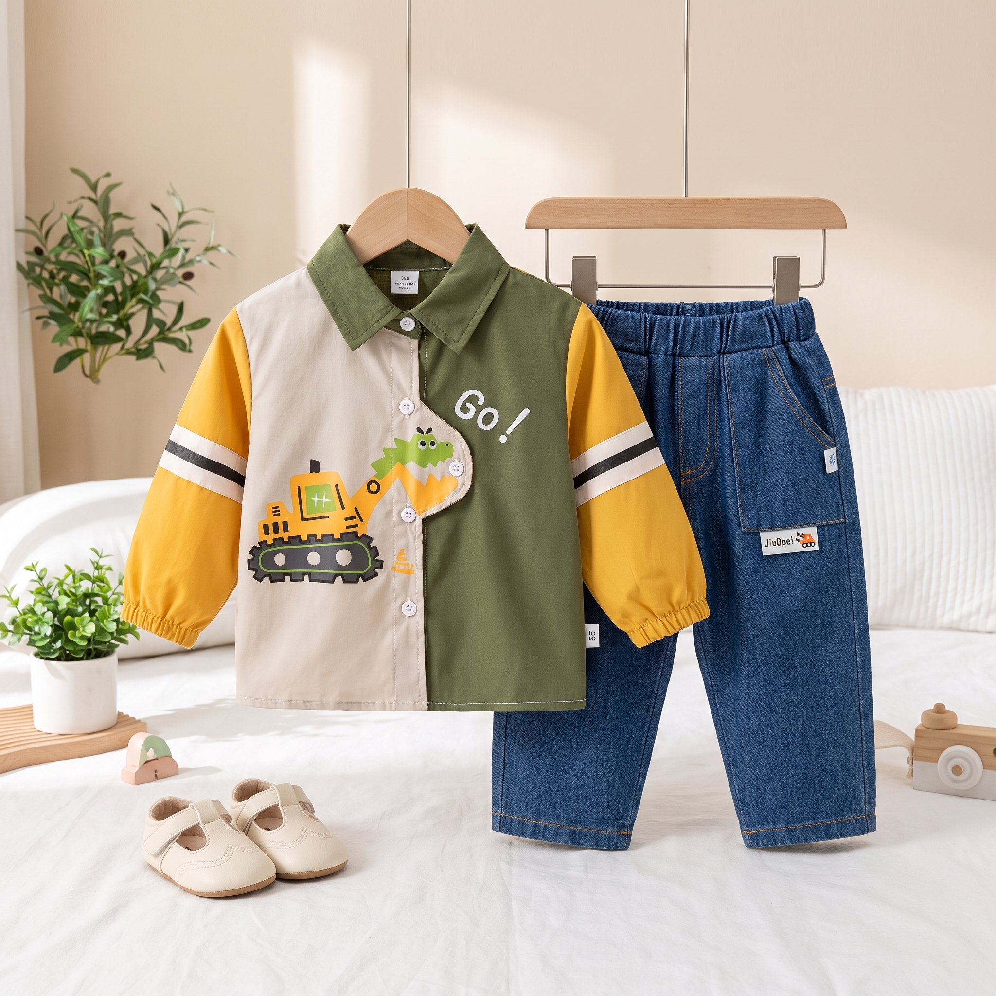 Boys Dino Construction Shirt & Denim Pants Set