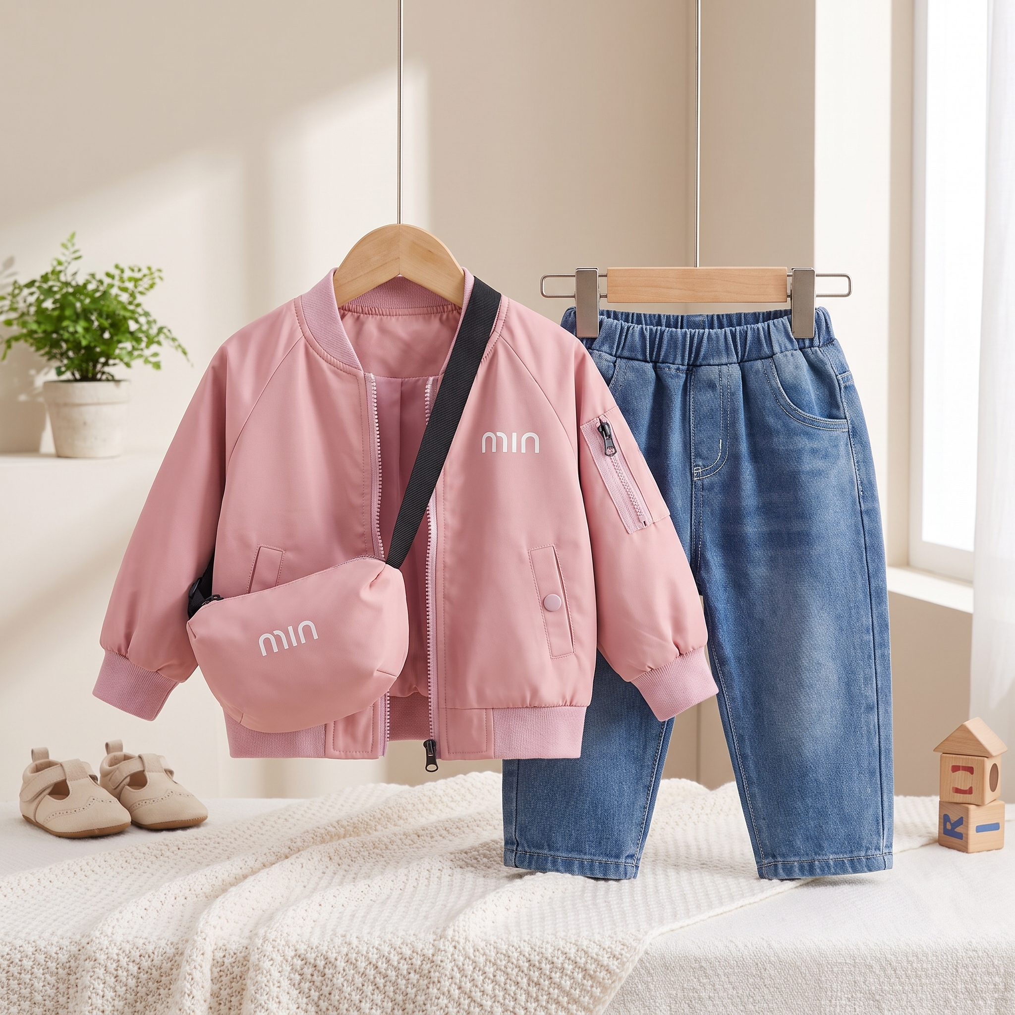 Premium Girls Bomber Jacket & Denim Pants Set with Crossbody Bag
