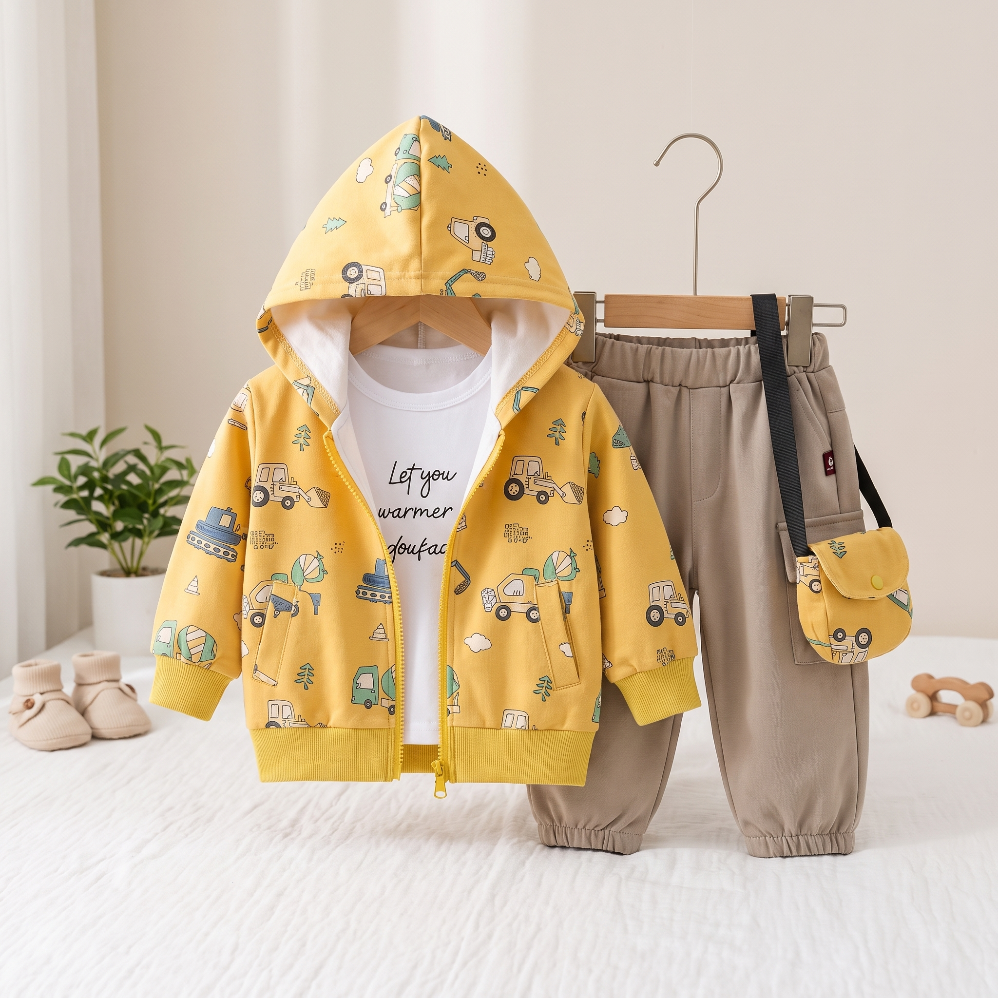 3-Piece Boys Construction Print Hooded Outfit Set