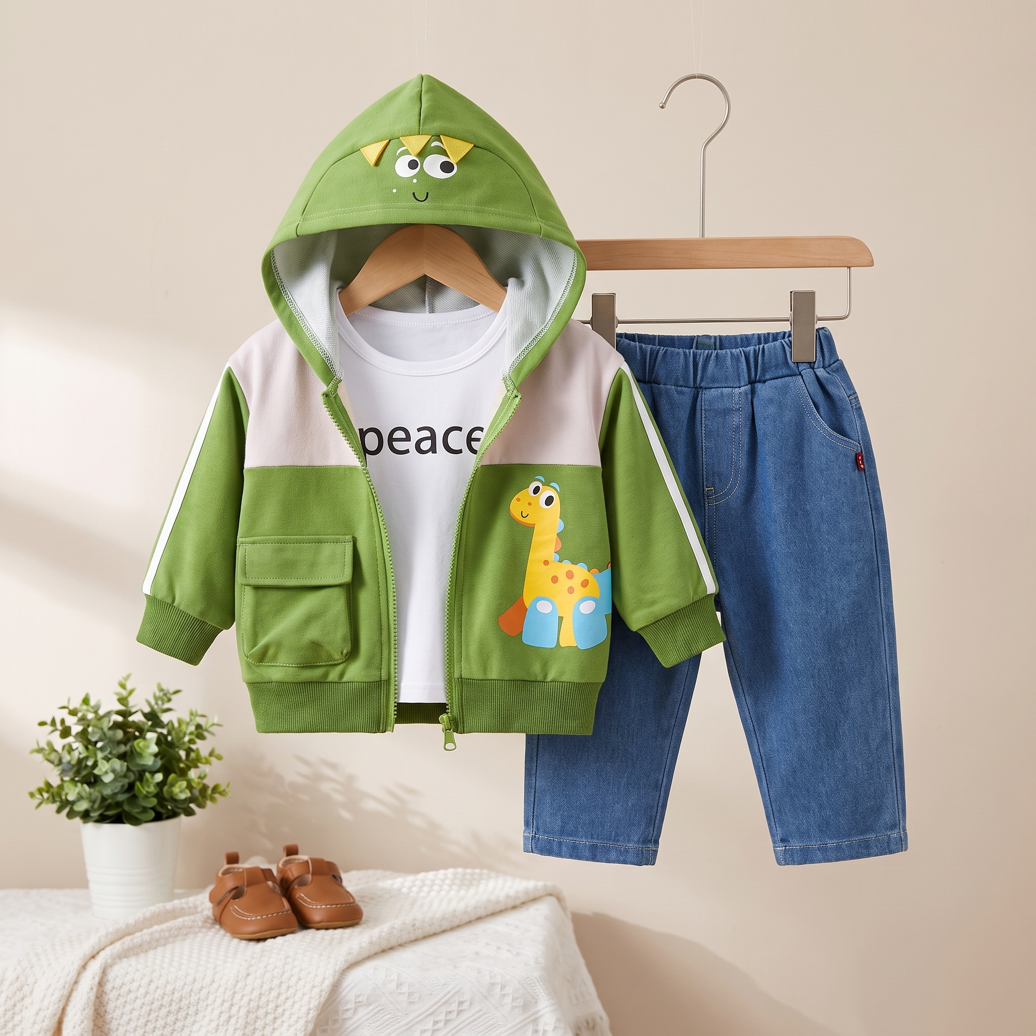 3 Piece Baby Dinosaur Hoodie & Denim Outfit Set