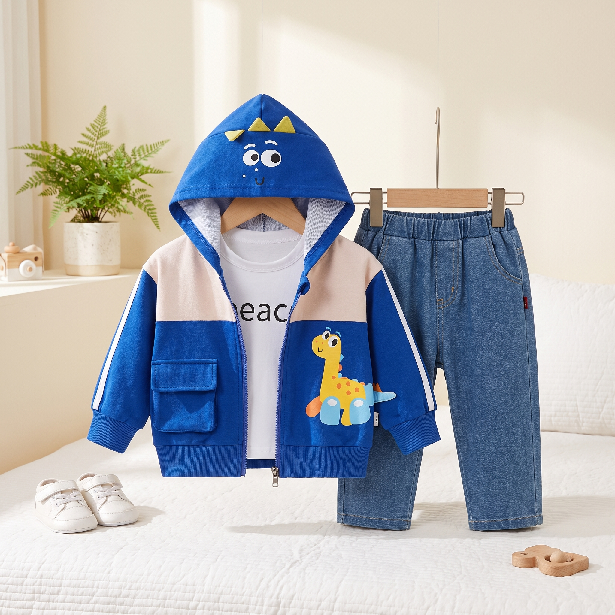 3 Piece Baby Dinosaur Hoodie & Denim Outfit Set