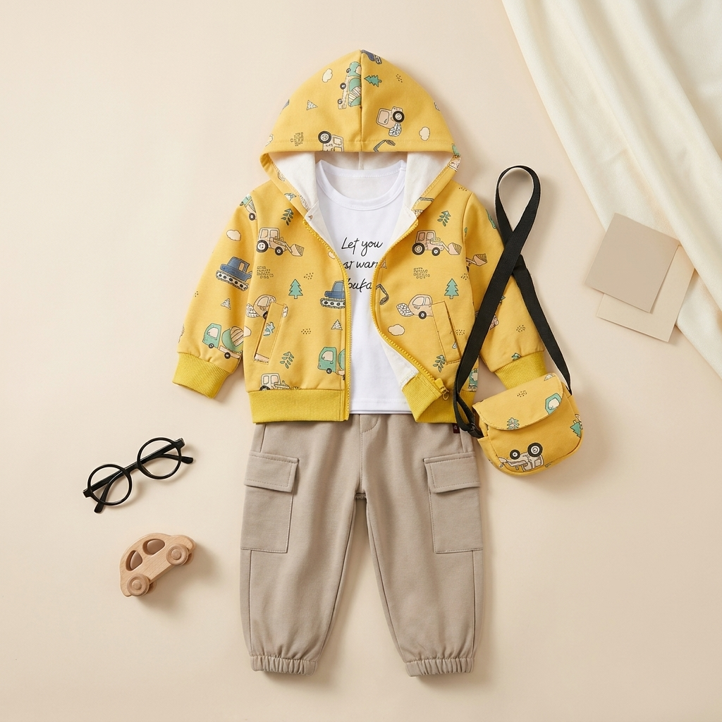 Boys Construction Hoodie 4-Piece Cargo Outfit Set