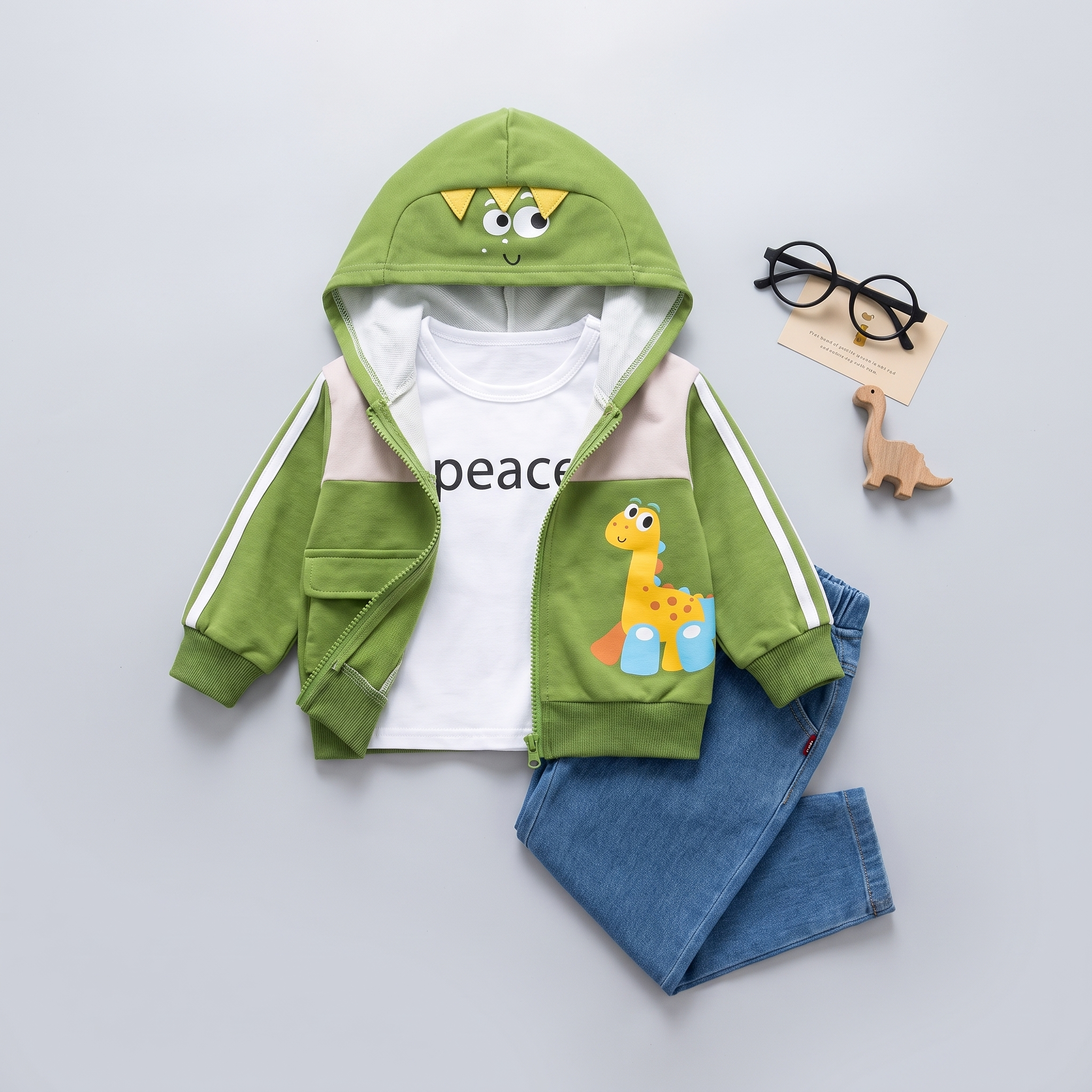 3 Piece Baby Dinosaur Hoodie & Denim Outfit Set
