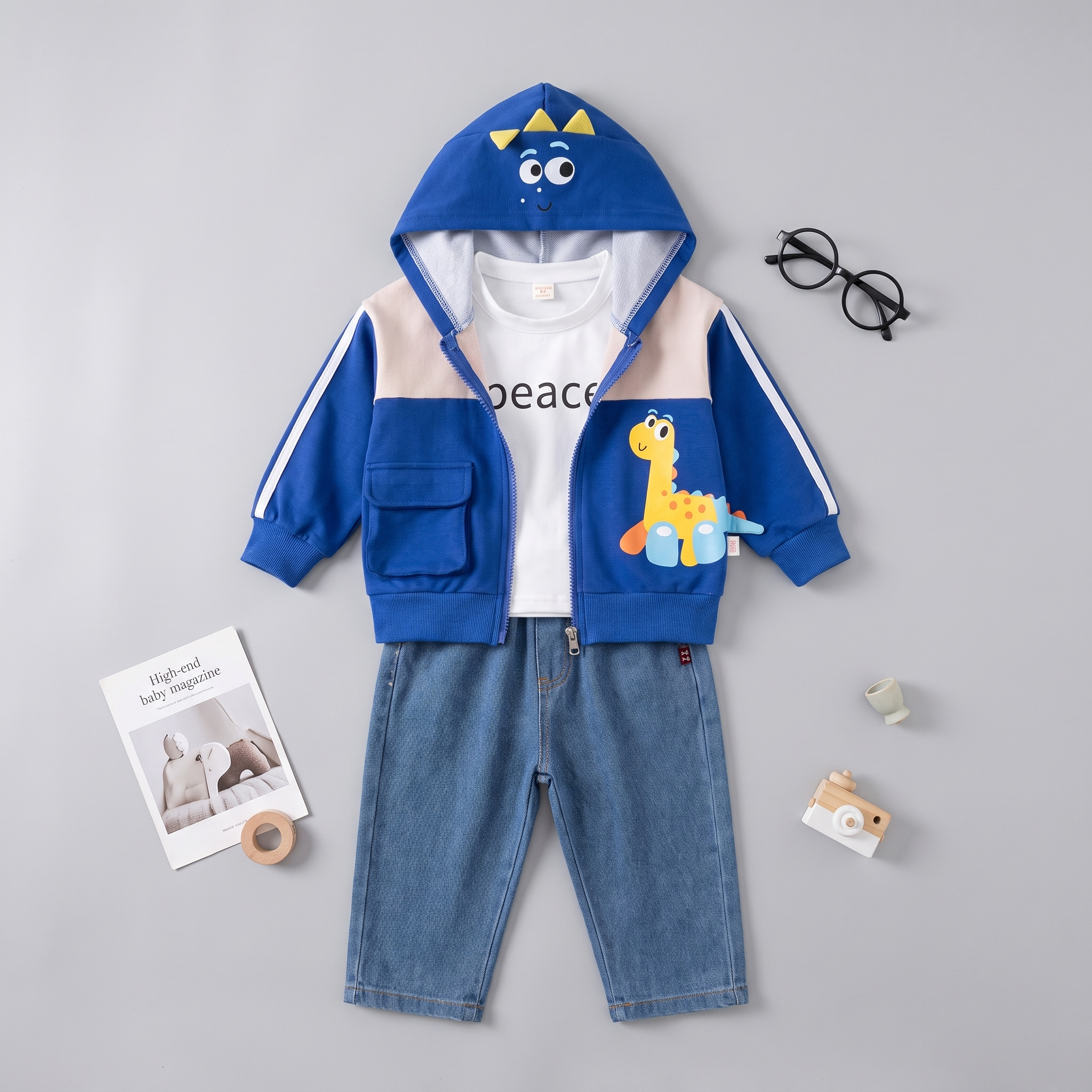 3 Piece Baby Dinosaur Hoodie & Denim Outfit Set