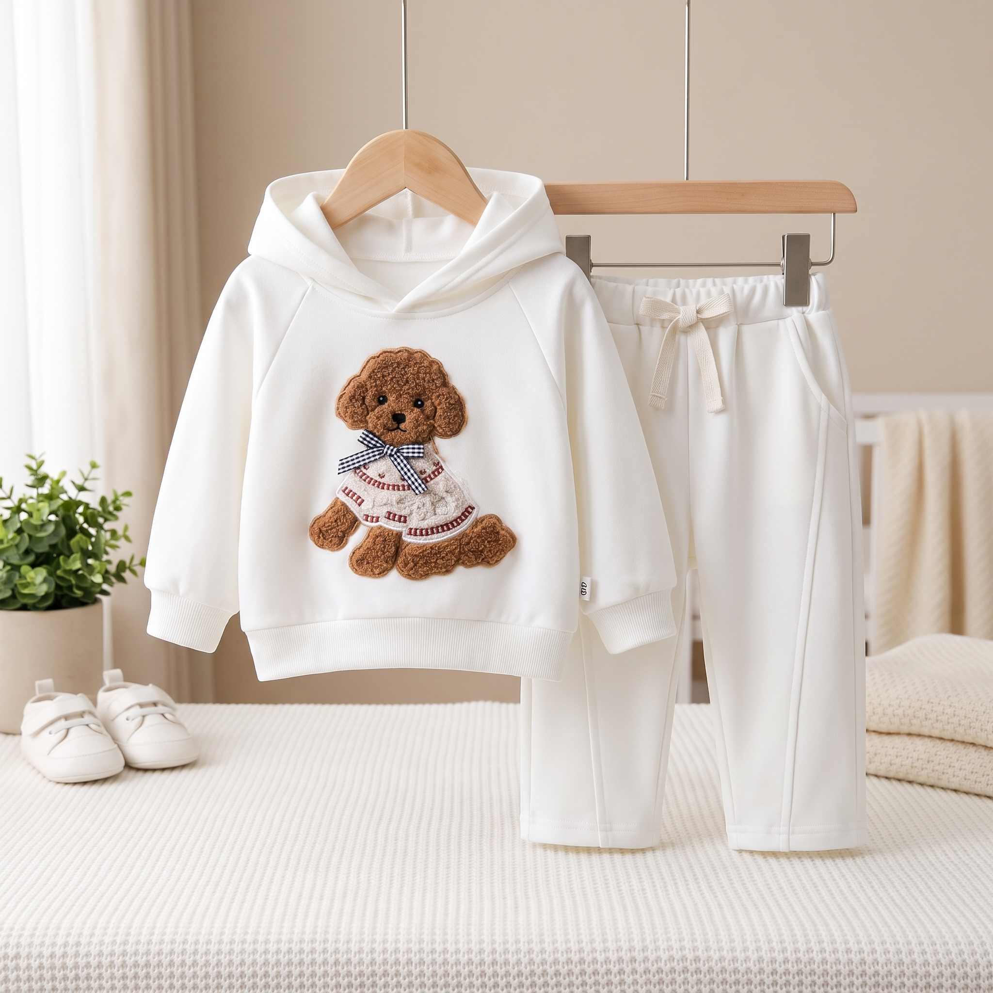 Teddy Bear Hooded Tracksuit Set – White