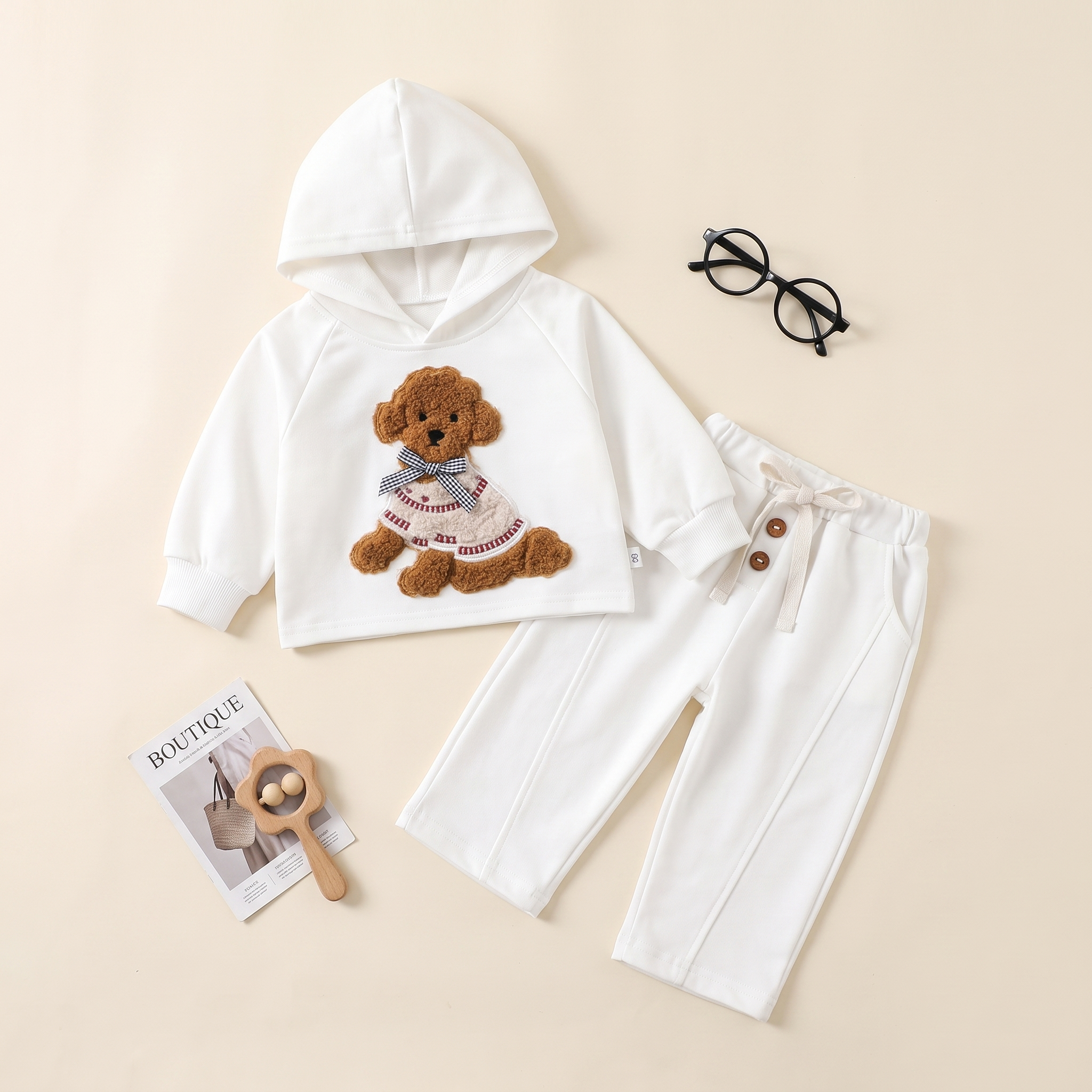 Teddy Bear Hooded Tracksuit Set – White
