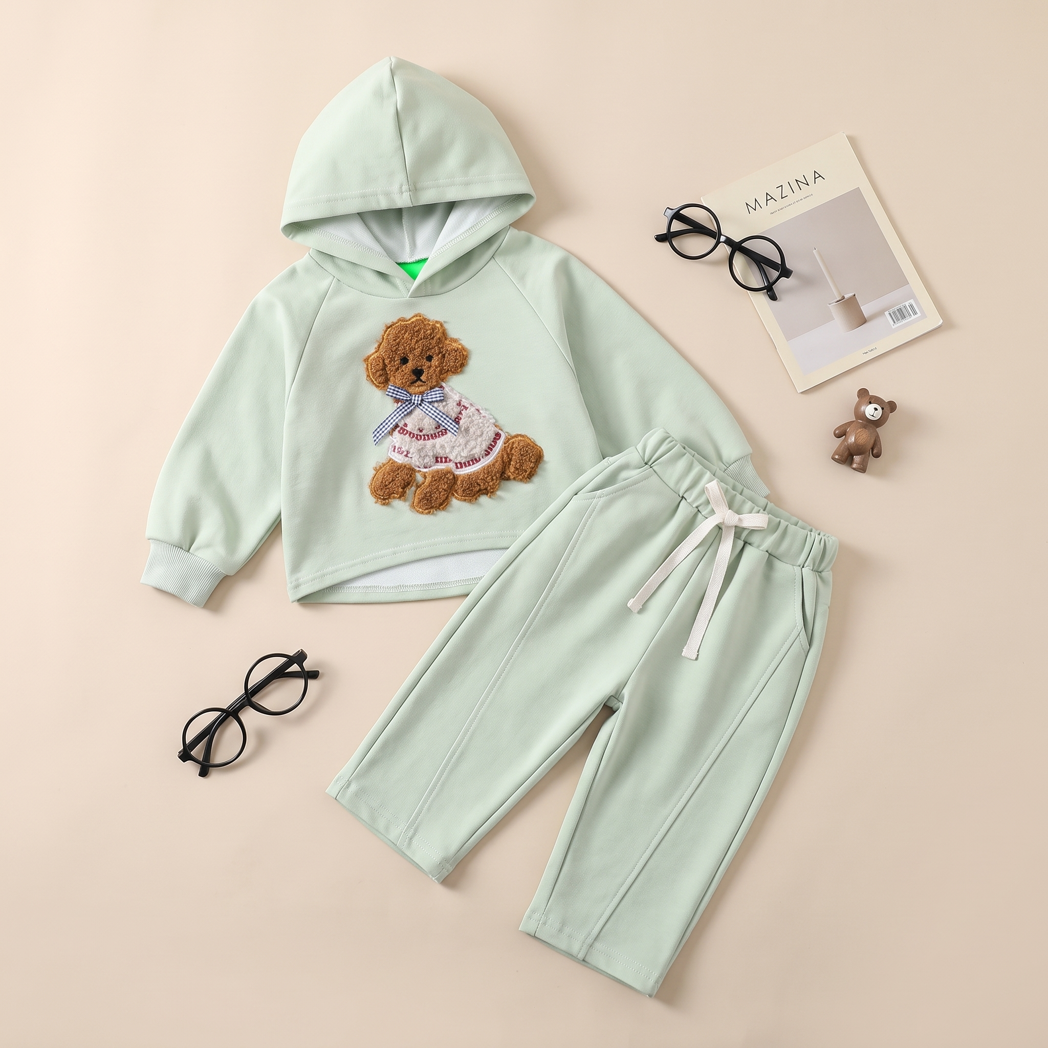 Teddy Bear Hooded Tracksuit Set – GREEN