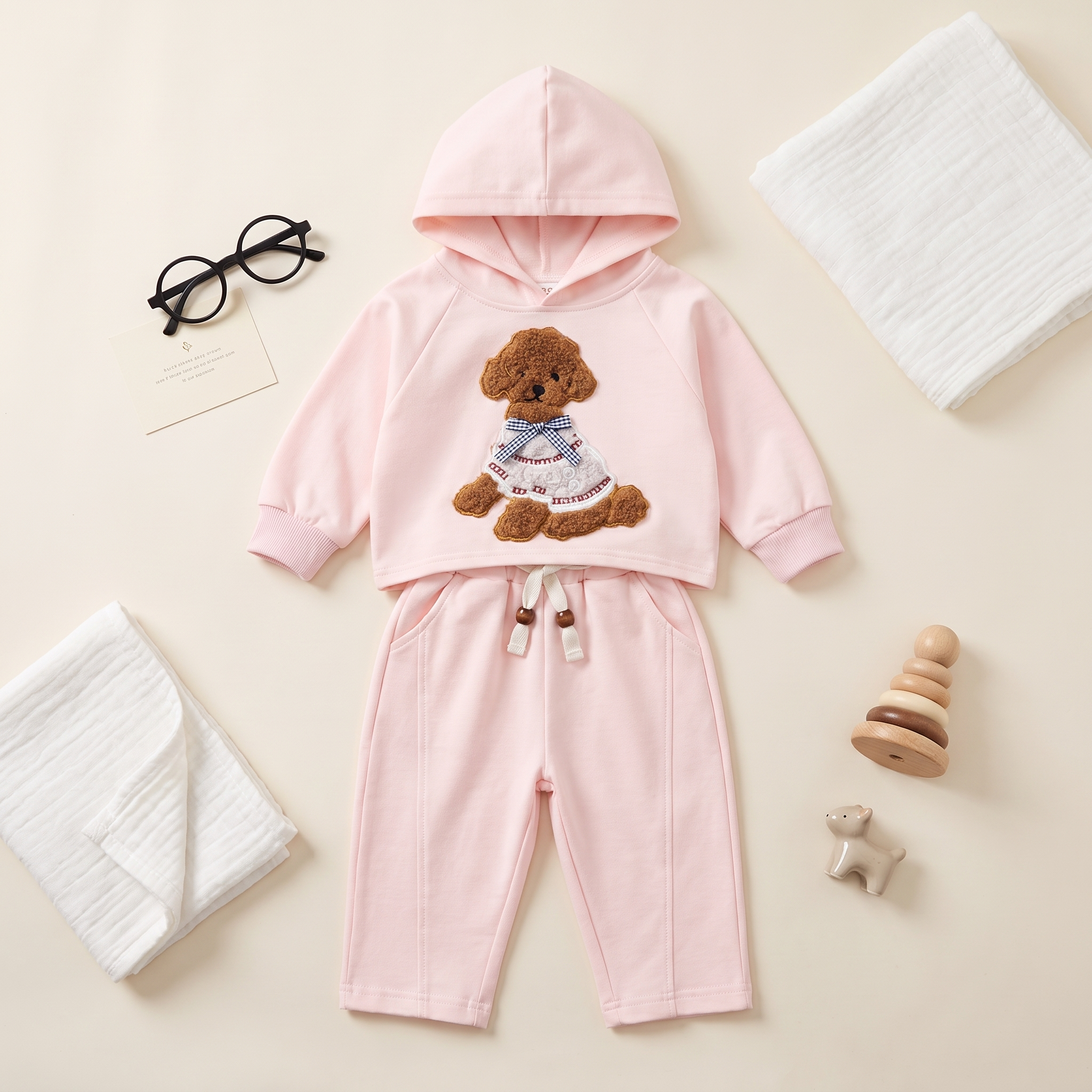 Teddy Bear Hooded Tracksuit Set – Pink