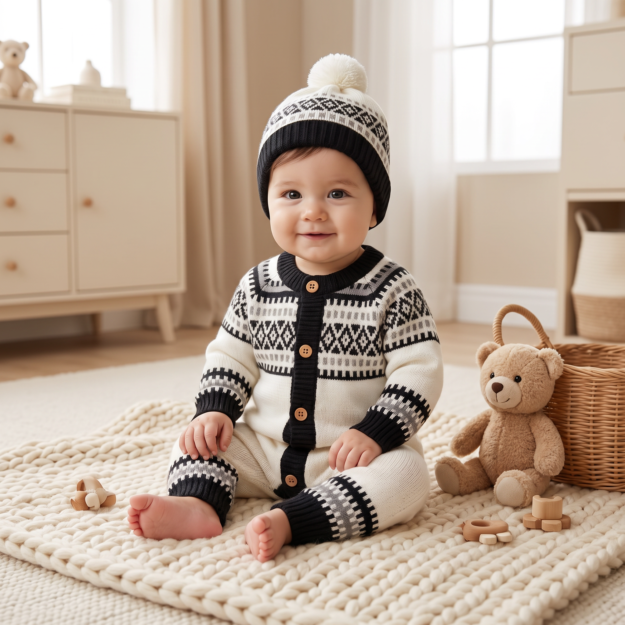 Nordic Knit Baby Cardigan Set with Pom Pom Beanie – Black & White
