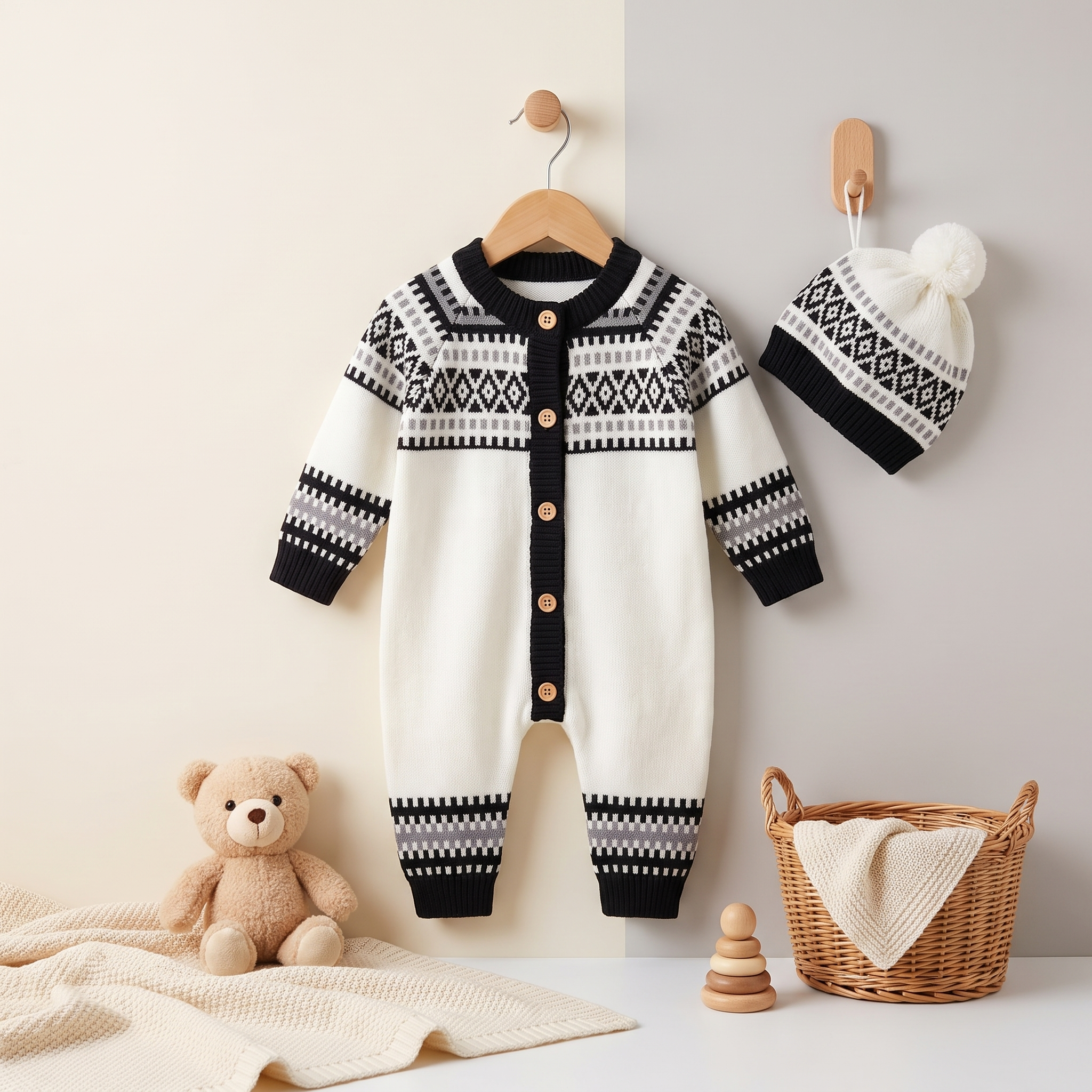 Nordic Knit Baby Cardigan Set with Pom Pom Beanie – Black & White