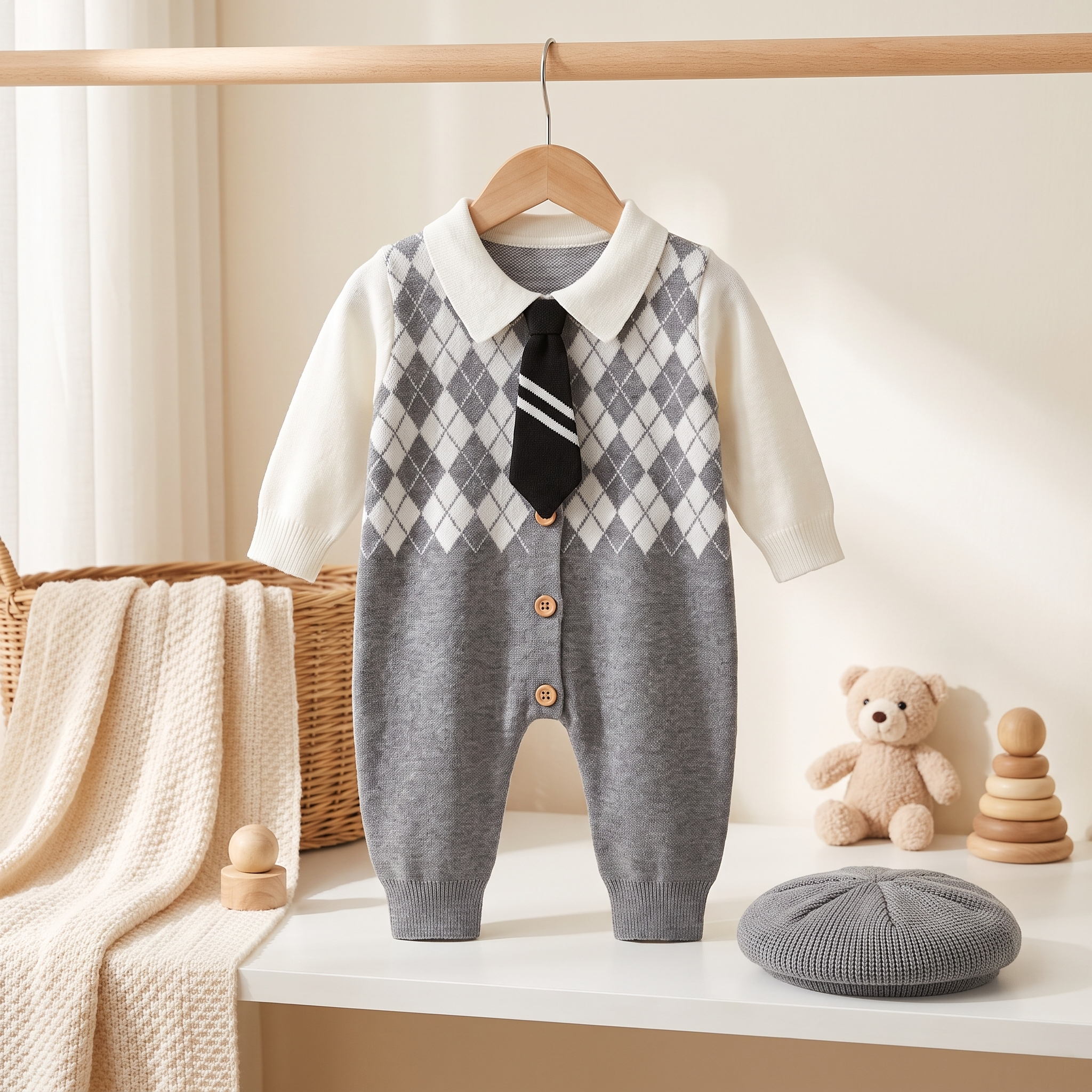 Classic Argyle Gentleman Knit Romper – Grey