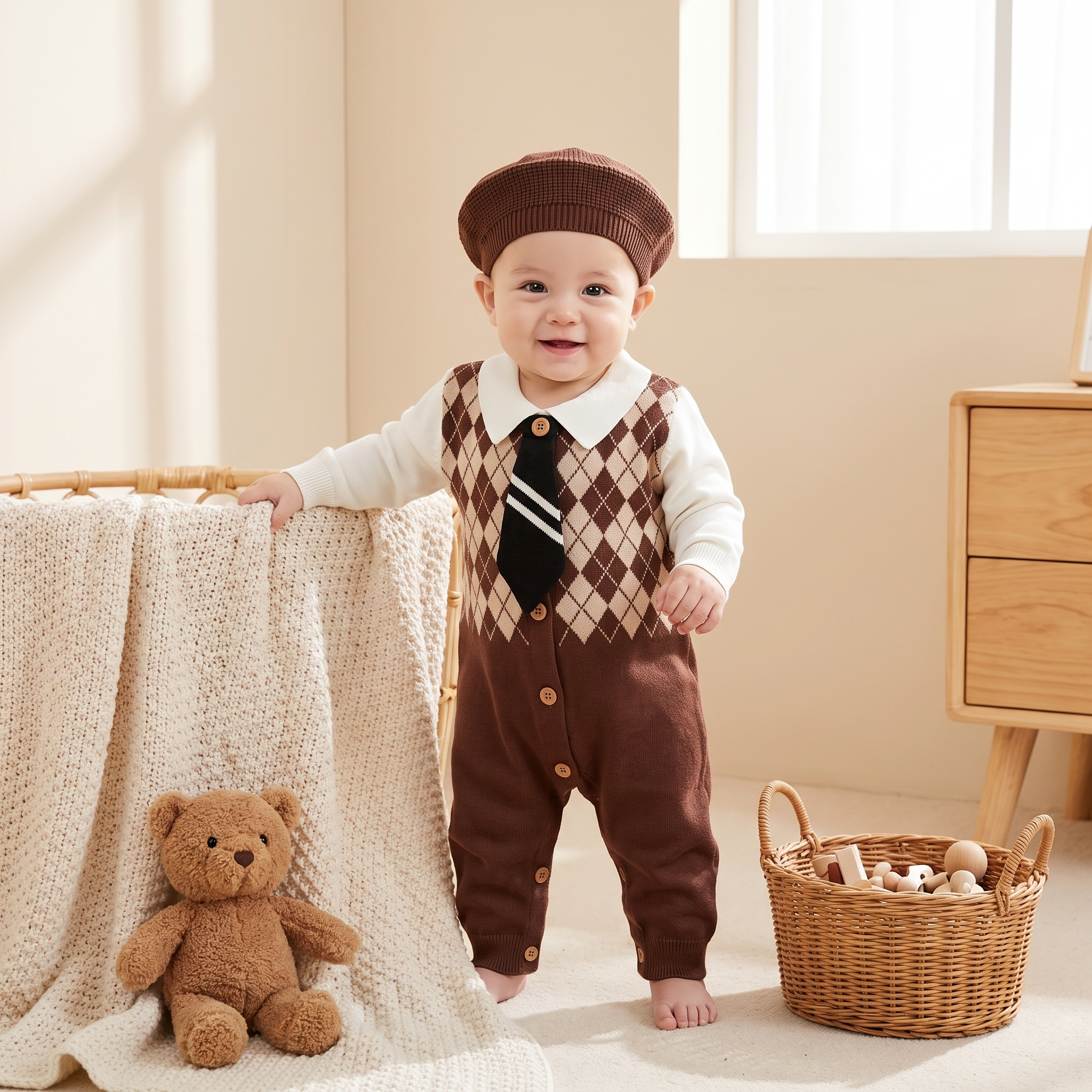 Classic Argyle Gentleman Knit Romper – Brown