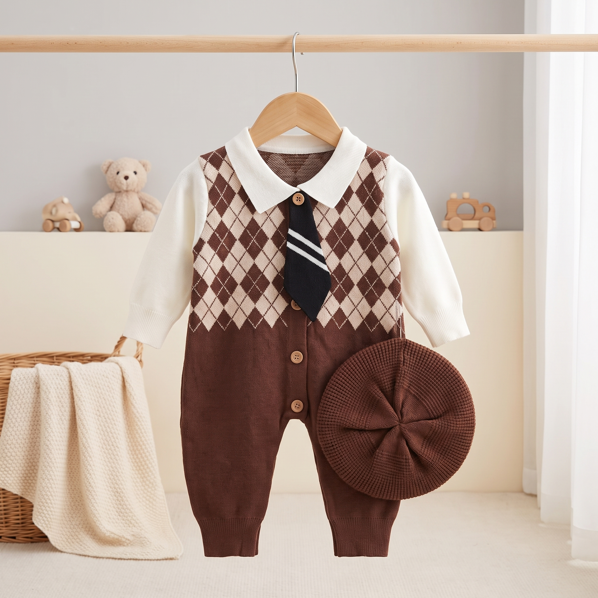 Classic Argyle Gentleman Knit Romper – Brown