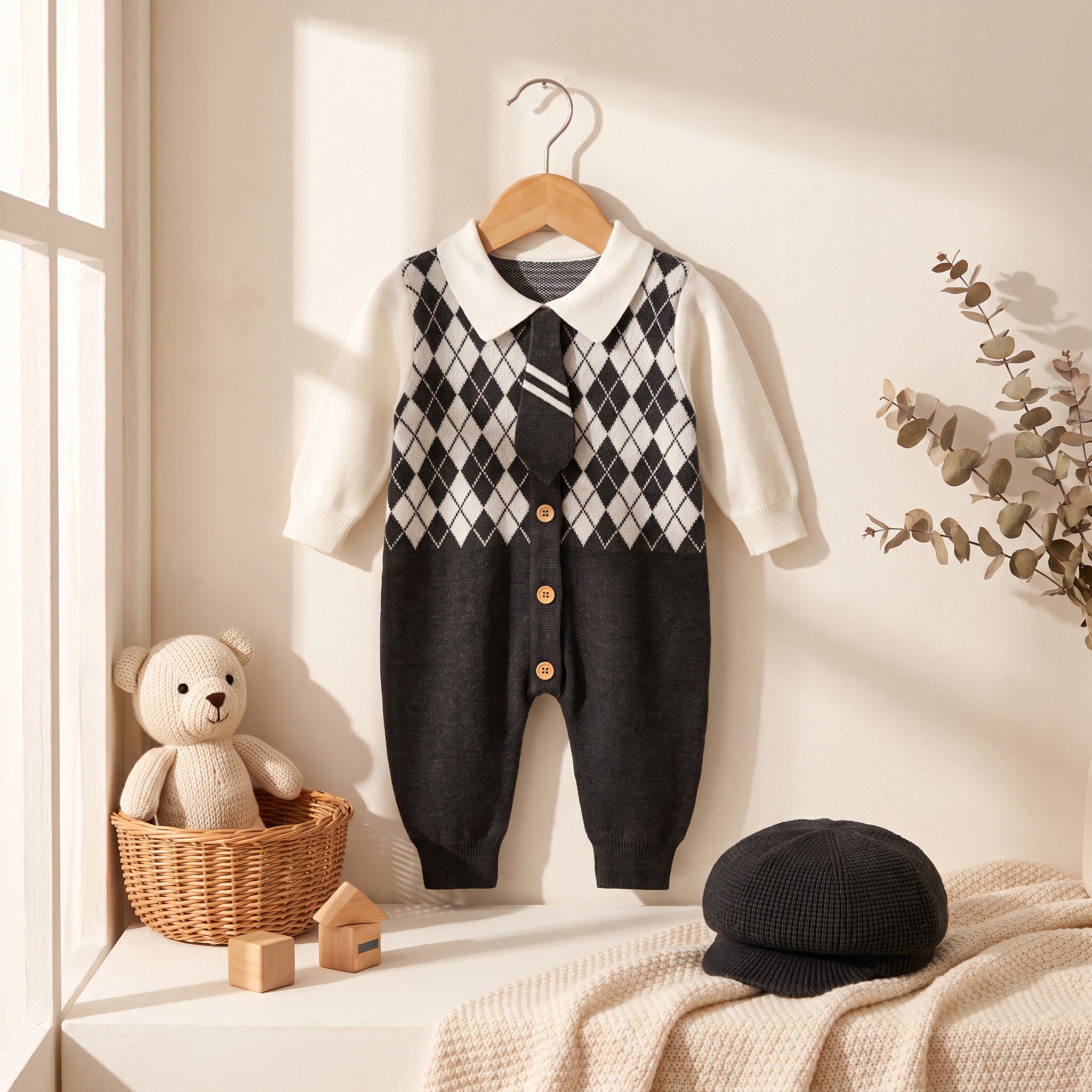 Classic Argyle Gentleman Knit Romper – Black