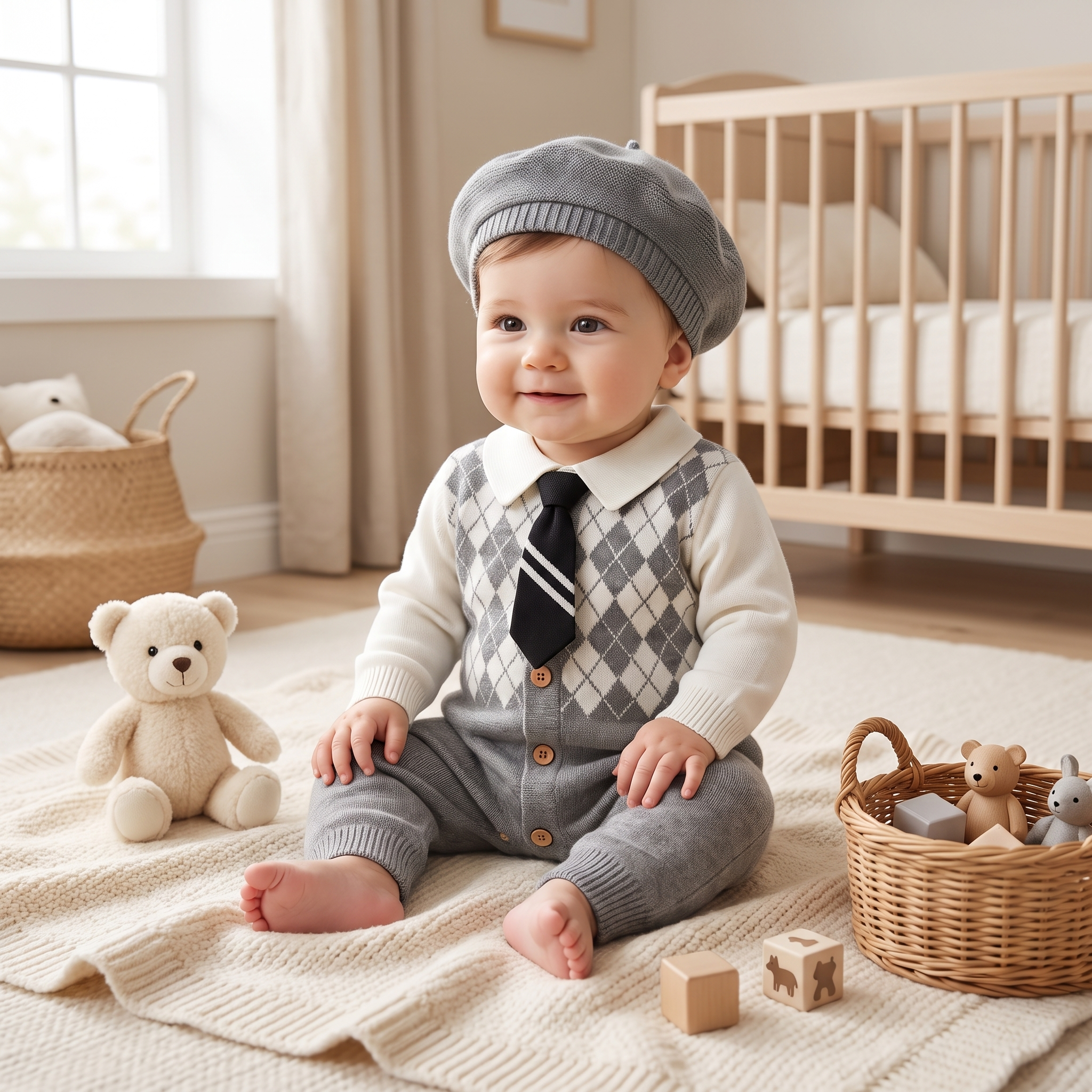 Classic Argyle Gentleman Knit Romper – Grey
