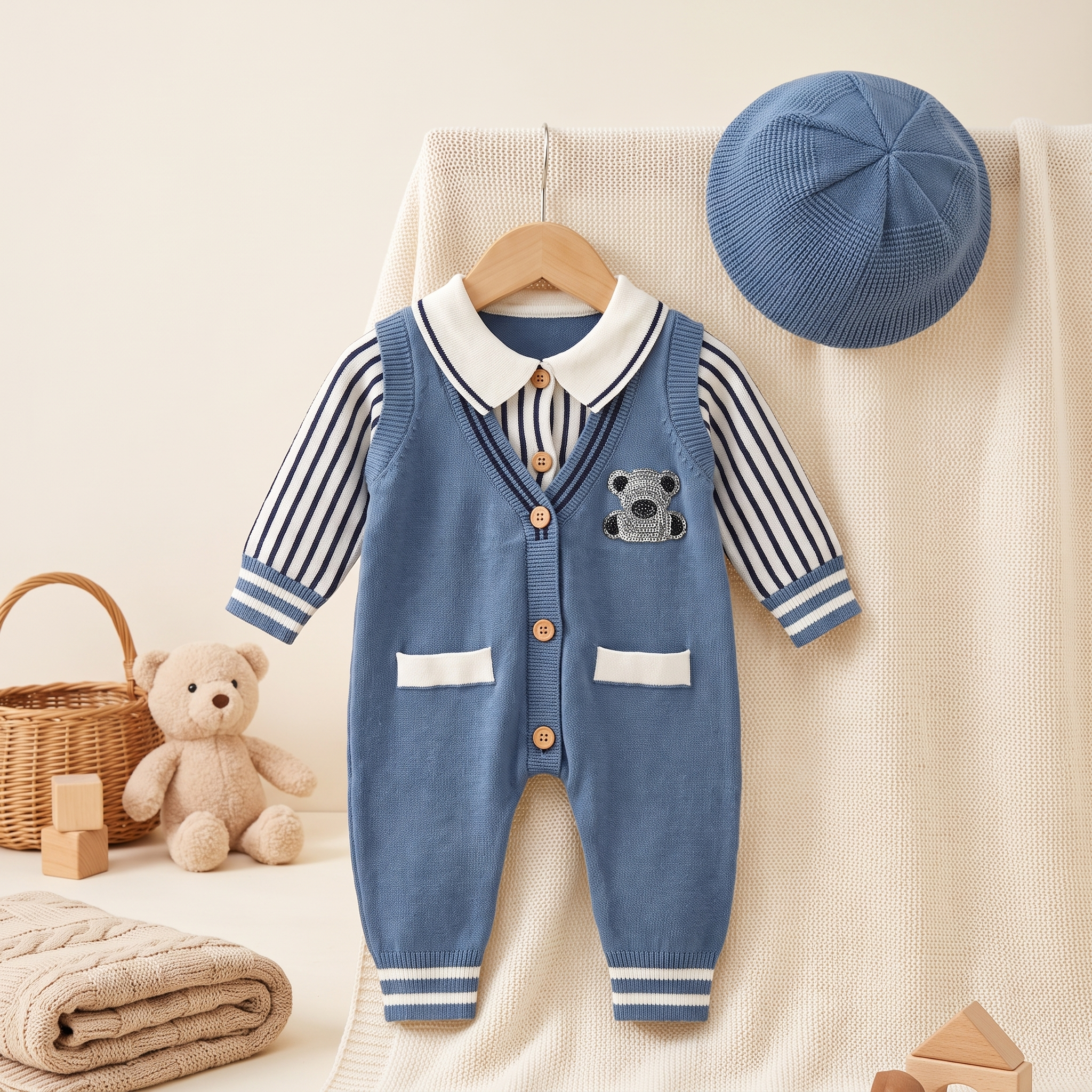 Bear Gentle Knit Romper with Collar – Sky Blue
