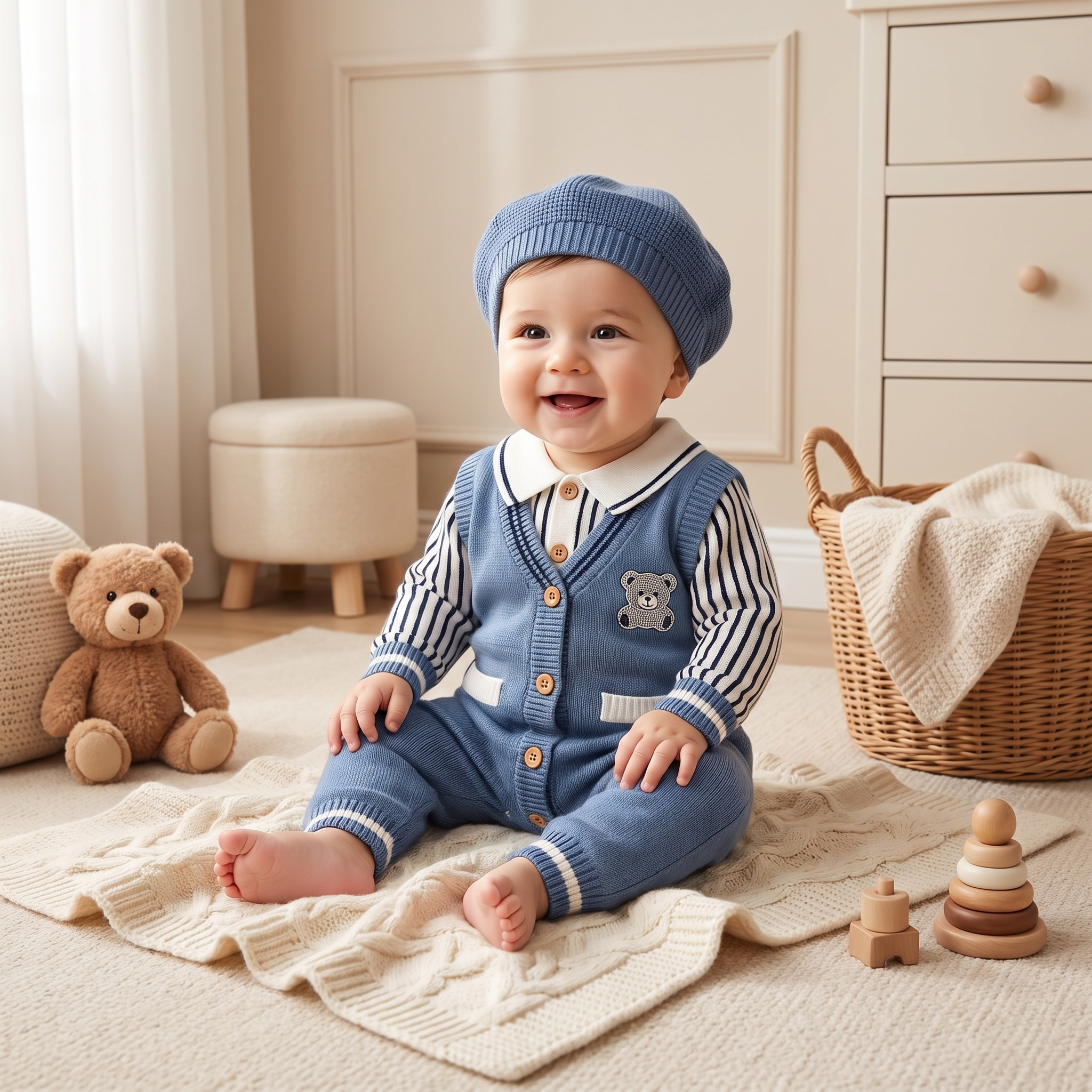 Bear Gentle Knit Romper with Collar – Sky Blue