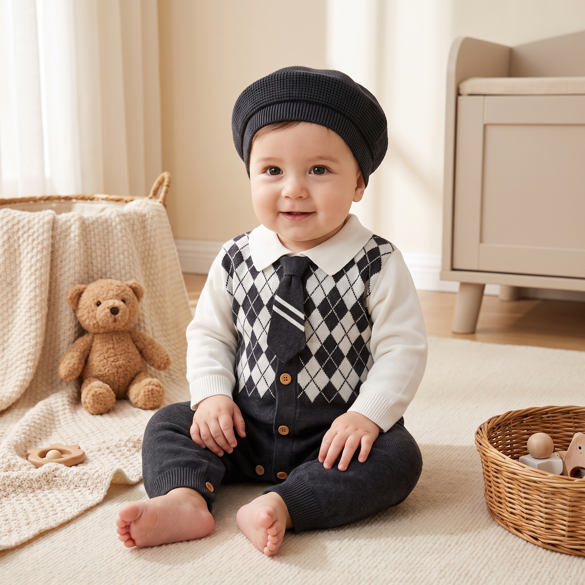 Classic Argyle Gentleman Knit Romper – Black