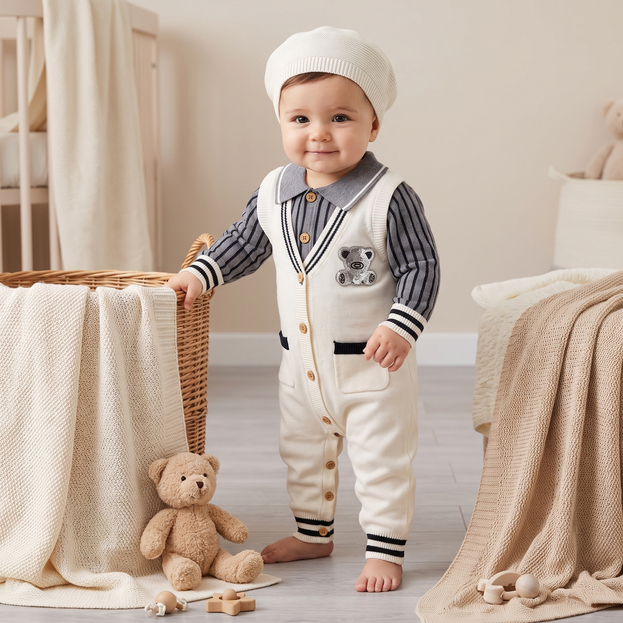 Bear Gentle Knit Romper with Collar – Ivory
