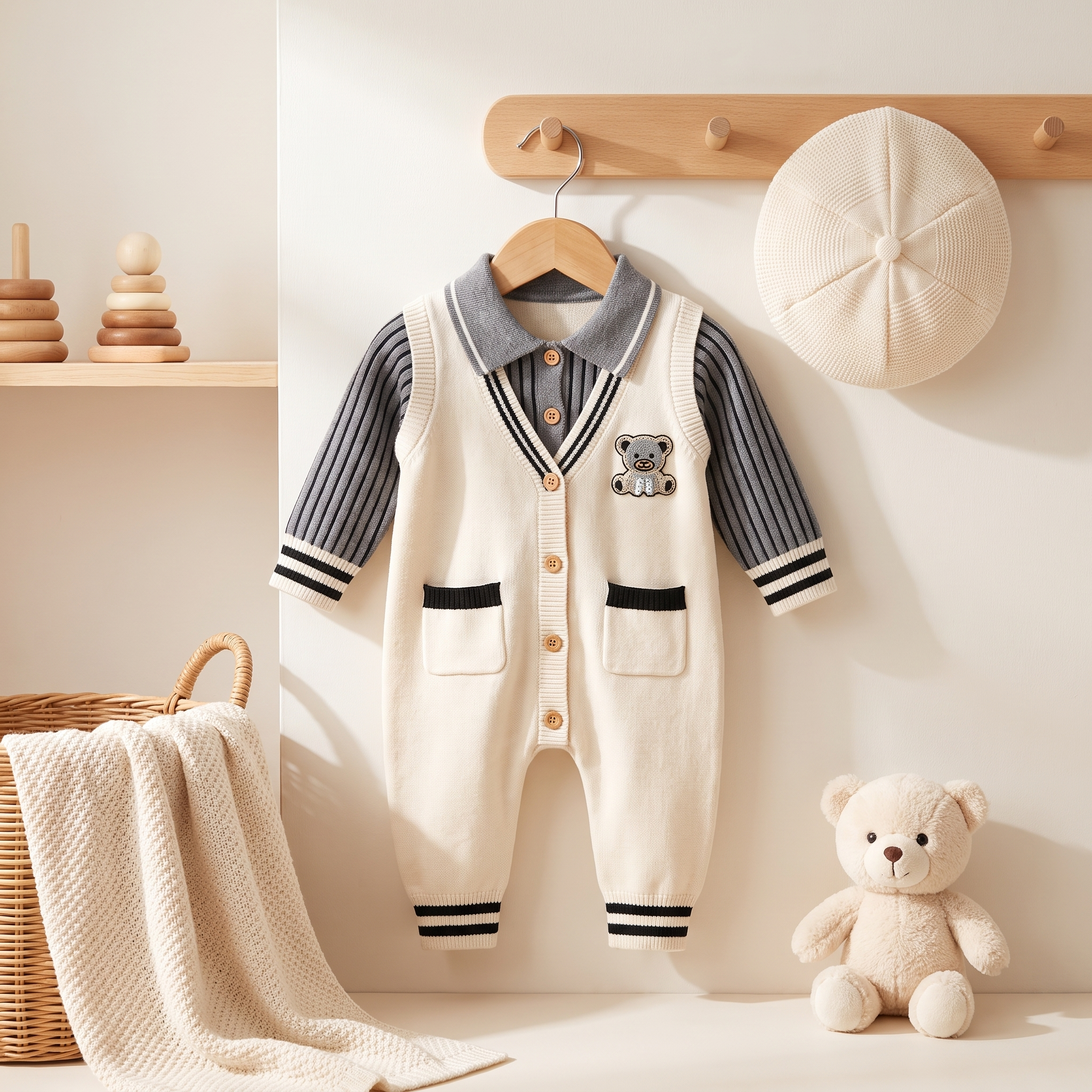 Bear Gentle Knit Romper with Collar – Ivory