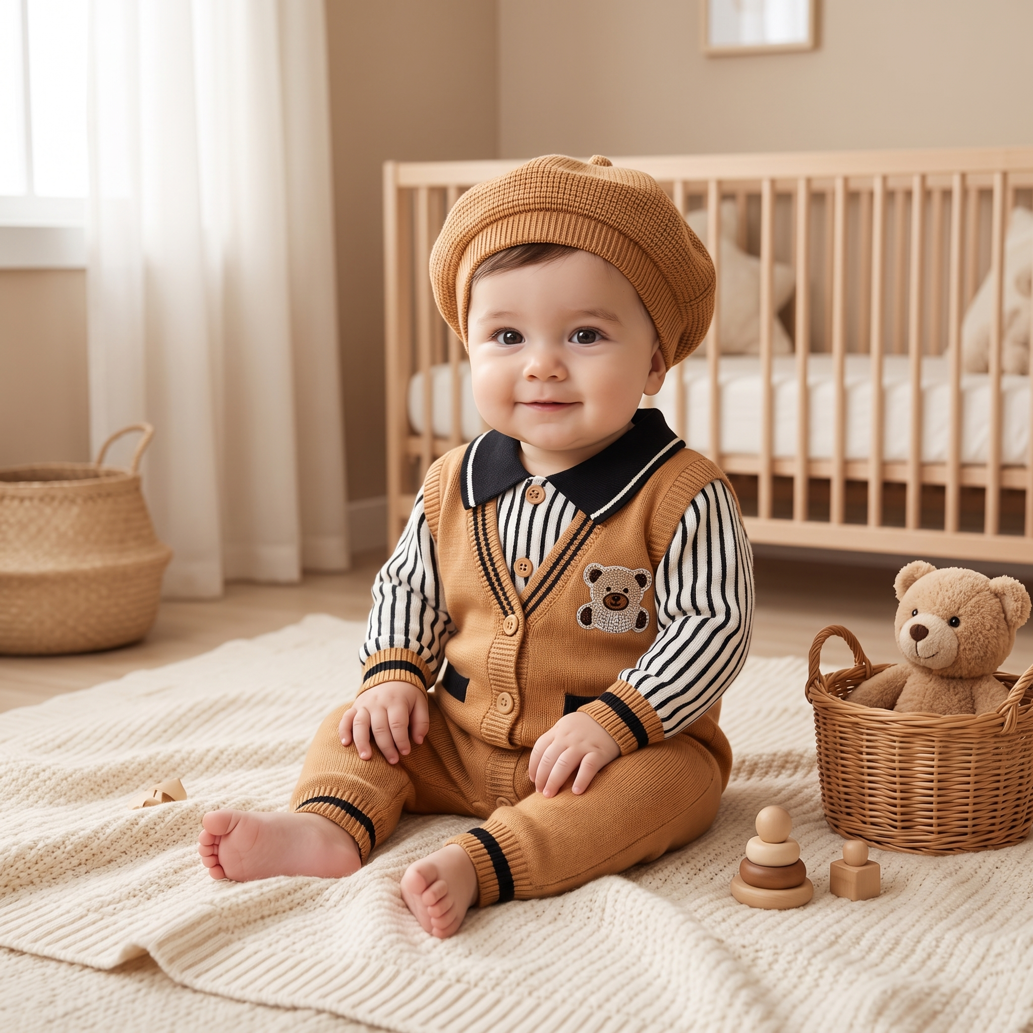 Bear Gentle Knit Romper with Collar – Camel