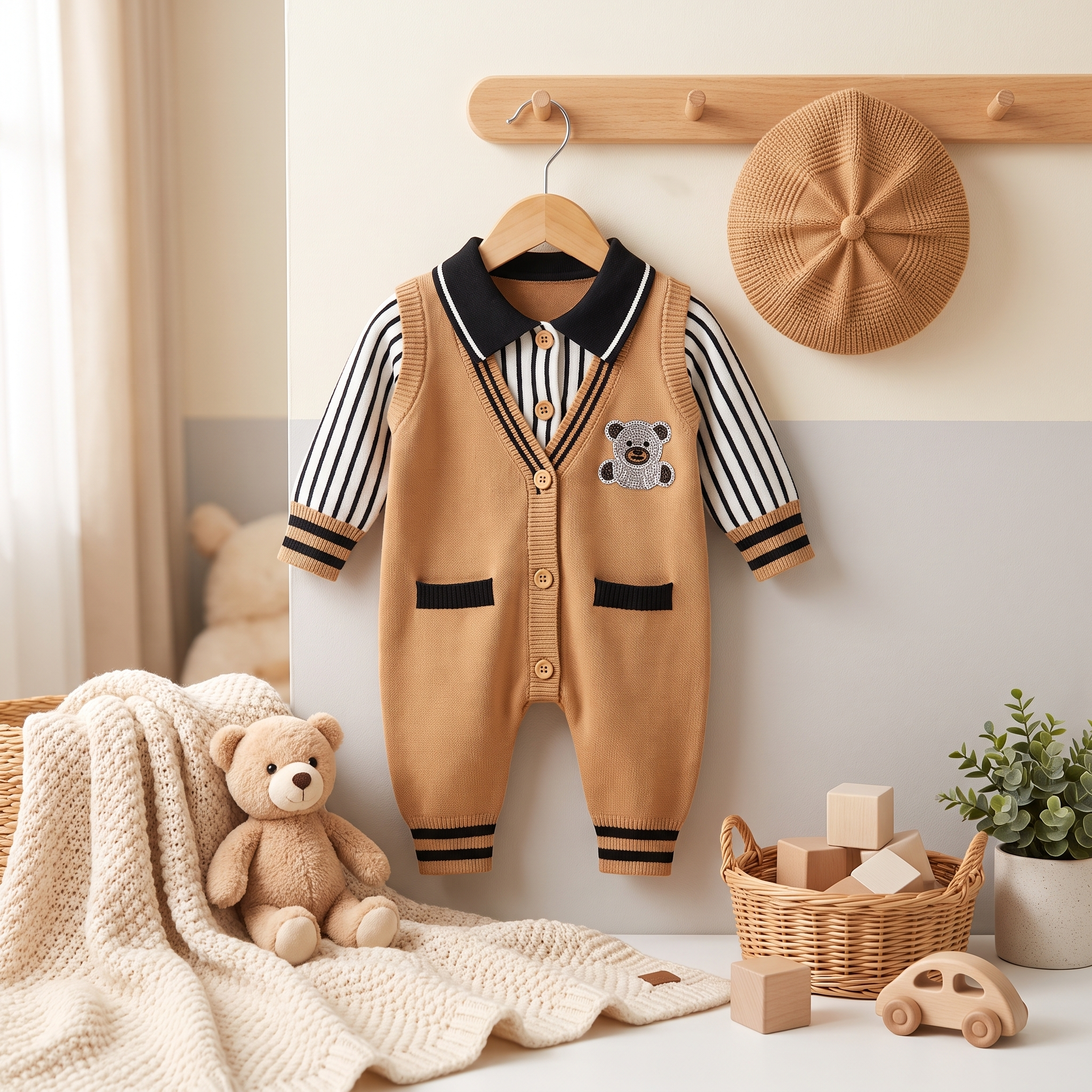 Bear Gentle Knit Romper with Collar – Camel
