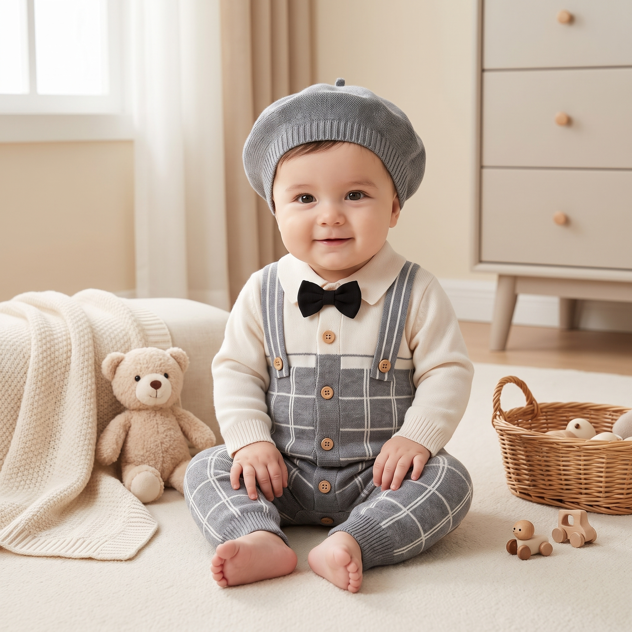 Gentleman Check Knit Romper with Beret – Grey