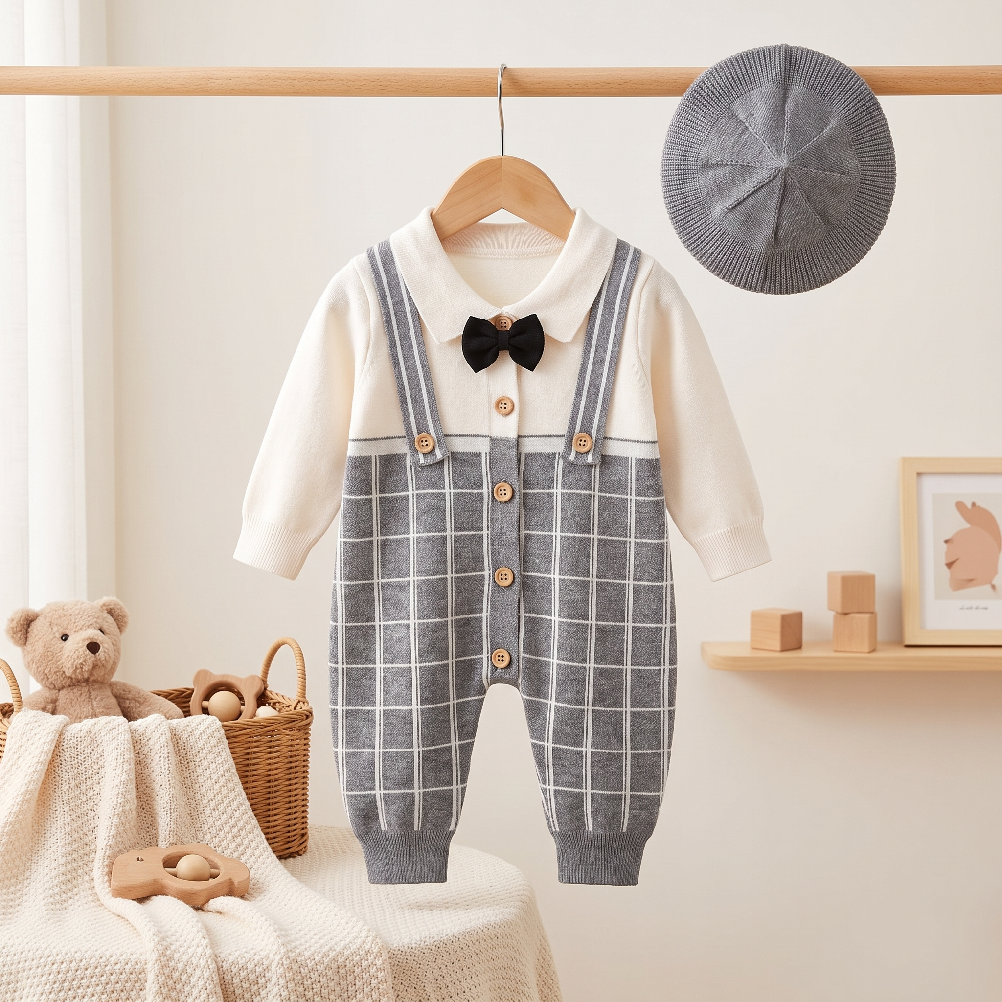Gentleman Check Knit Romper with Beret – Grey