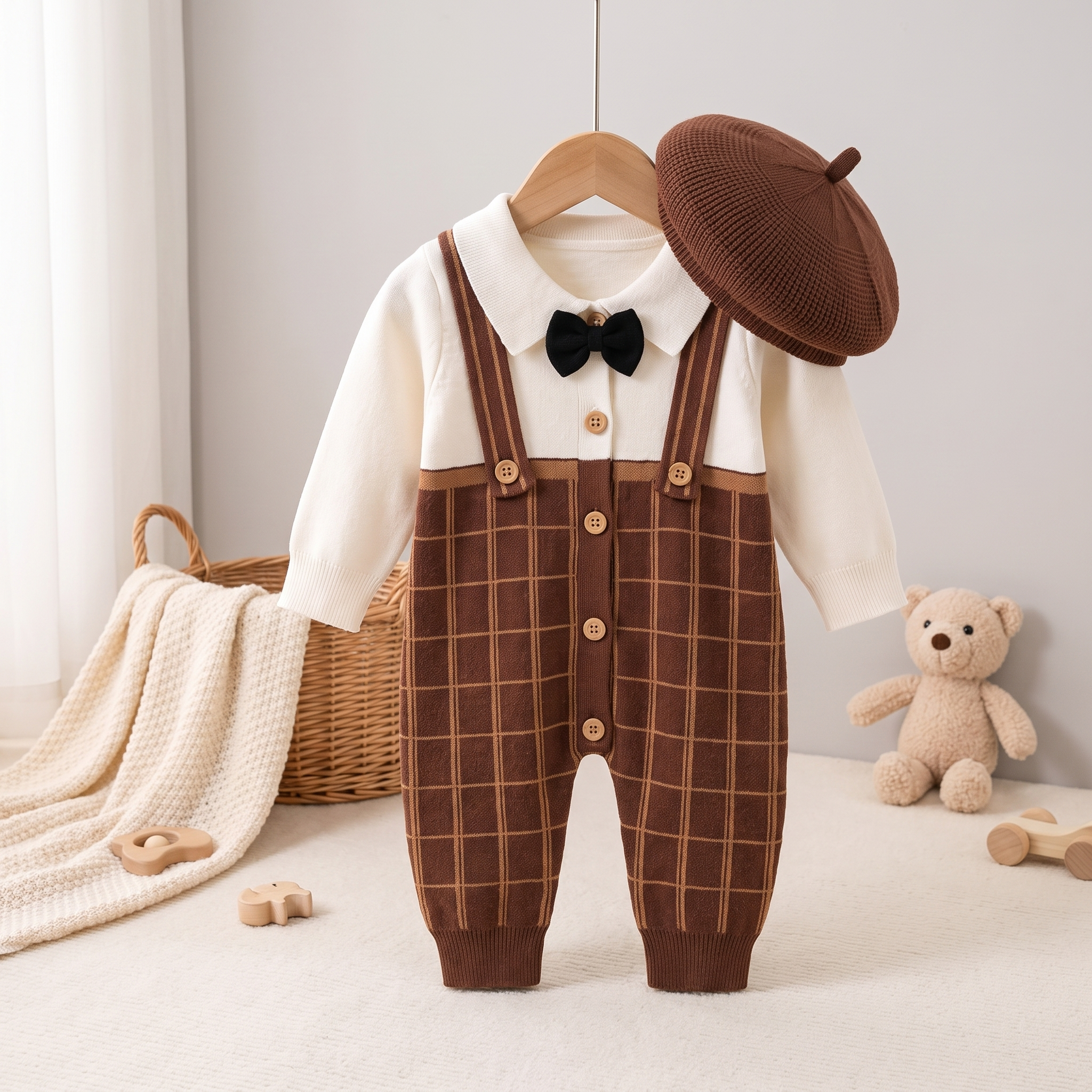 Gentleman Knit Suspender Romper with Beret – Brown