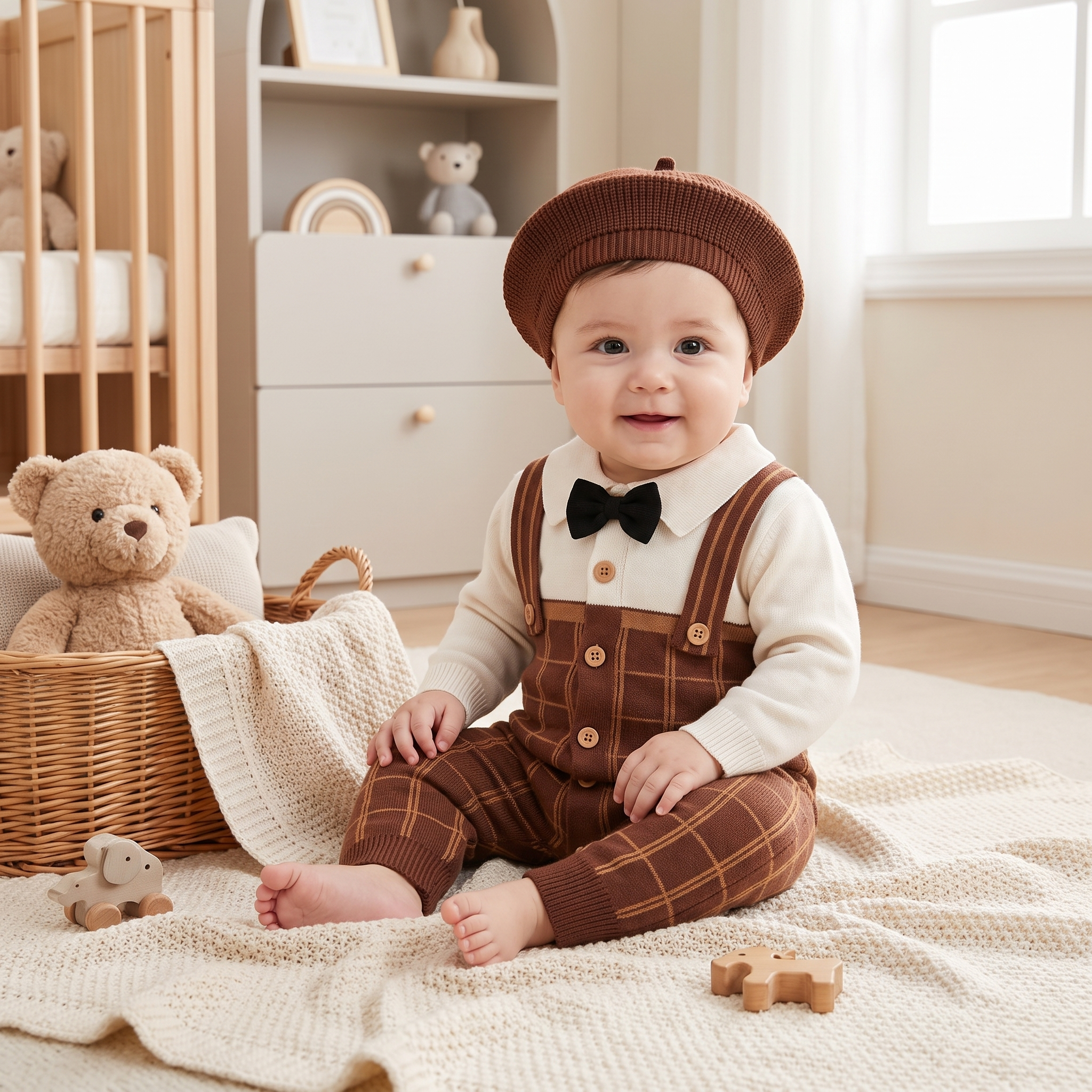 Gentleman Knit Suspender Romper with Beret – Brown