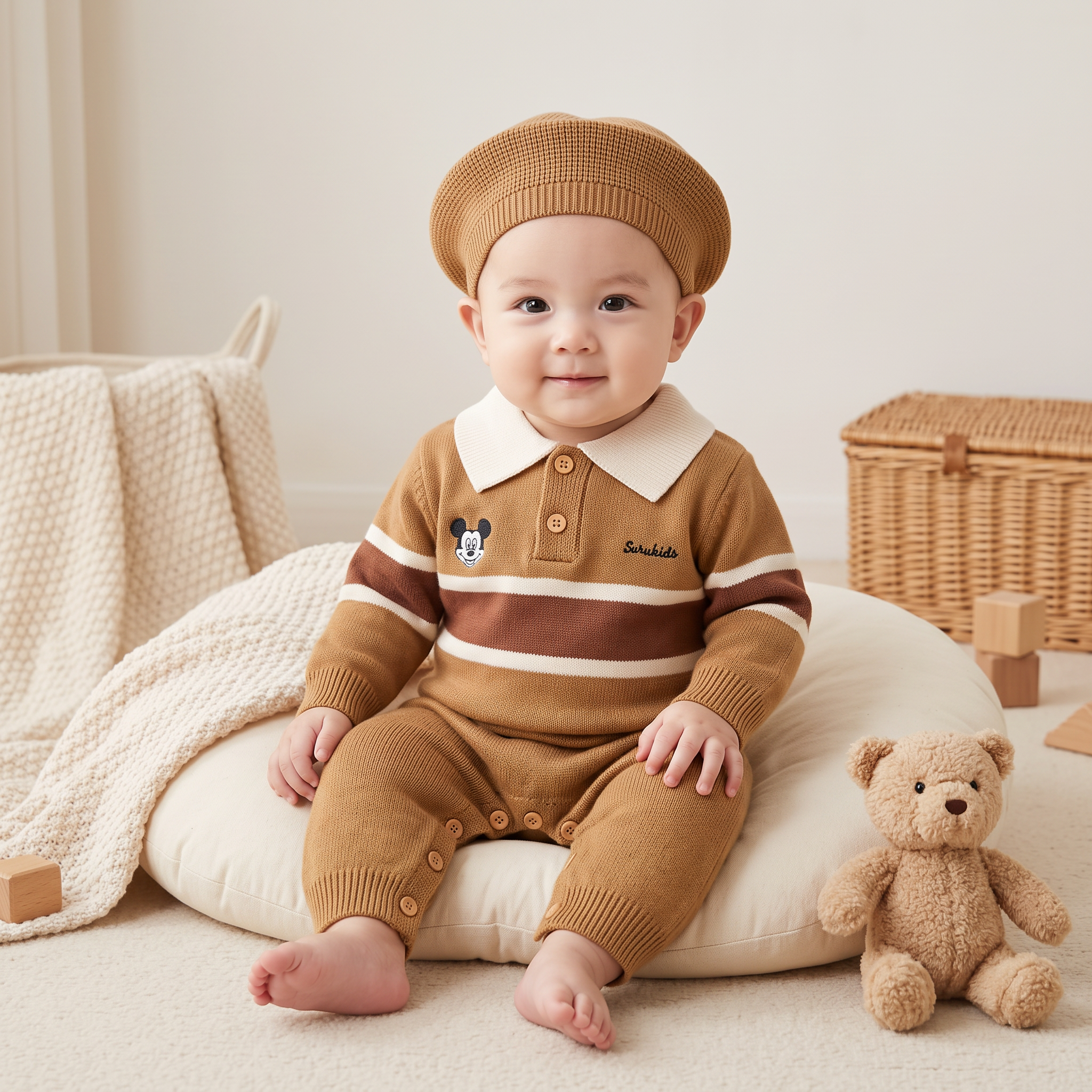 Classic Knit Polo Romper with Beret Hat – Camel