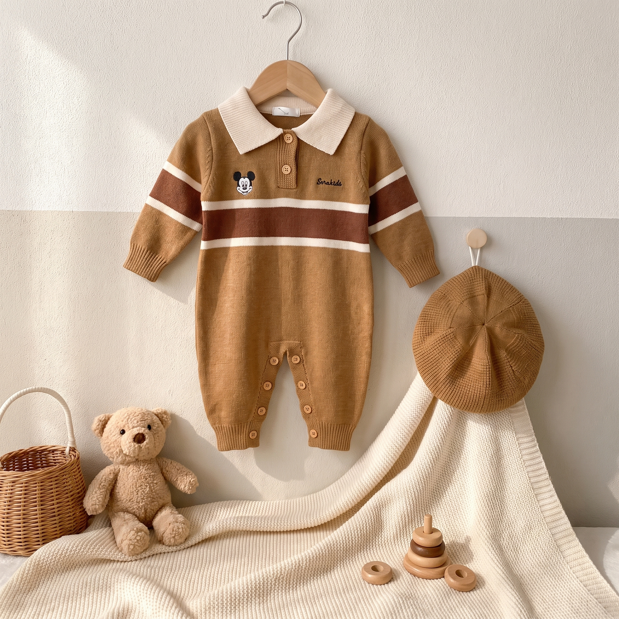 Classic Knit Polo Romper with Beret Hat – Camel