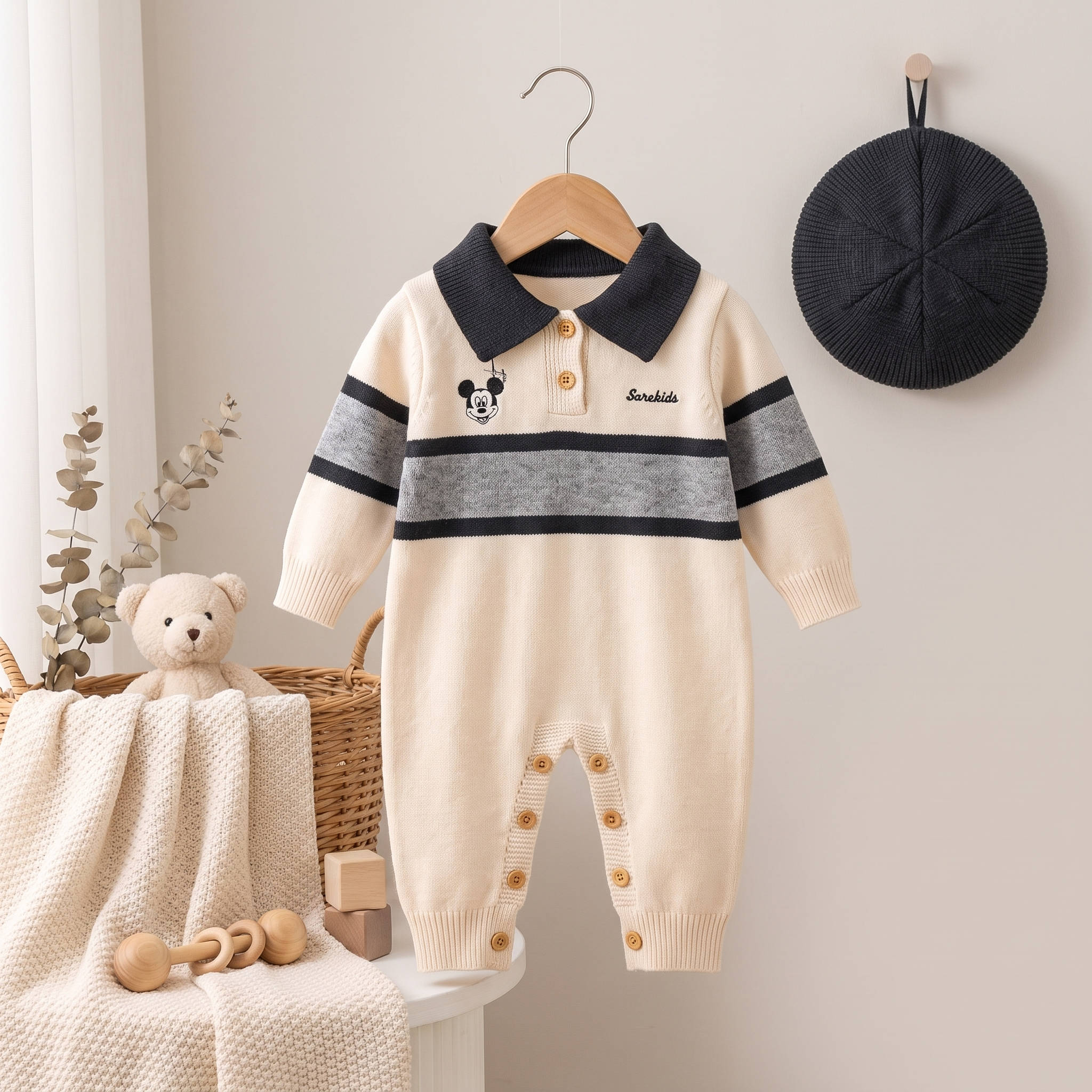 Classic Knit Polo Romper with Beret Hat – Ivory