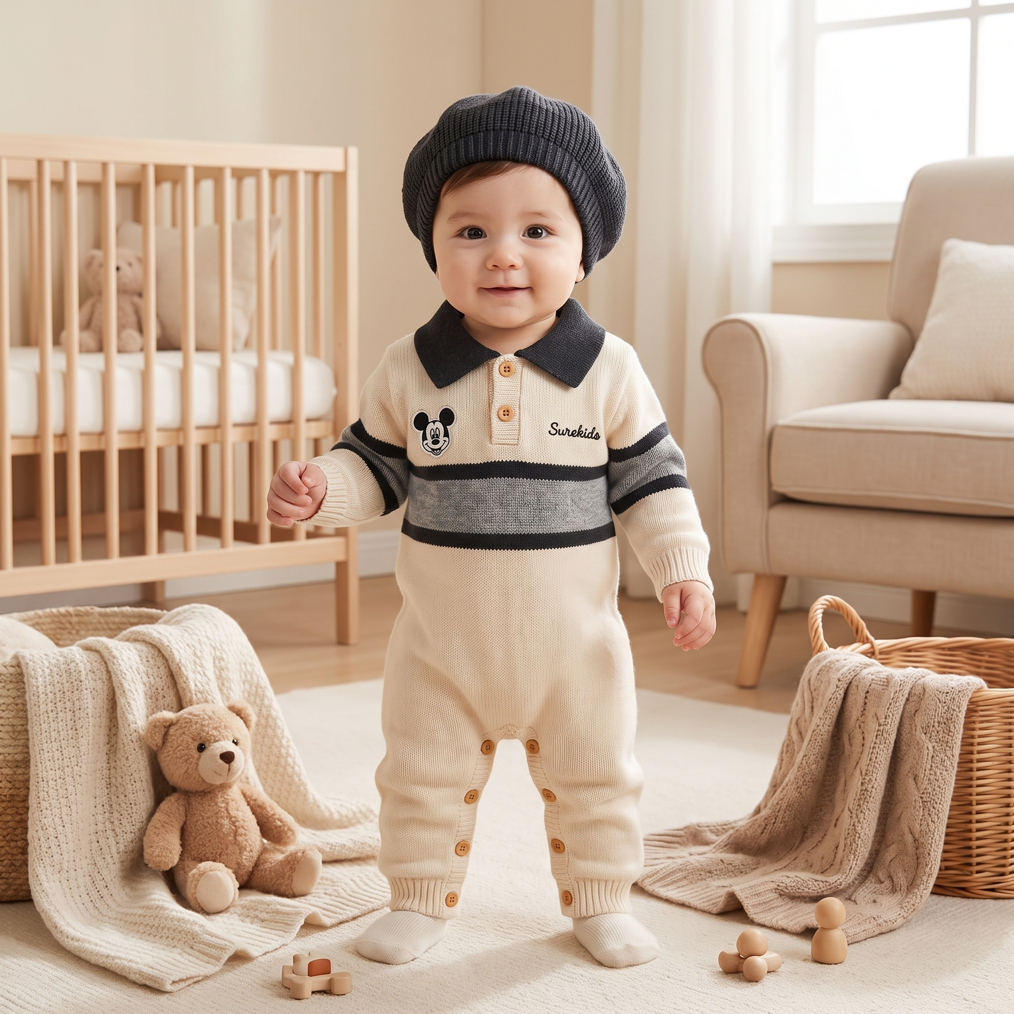 Classic Knit Polo Romper with Beret Hat – Ivory