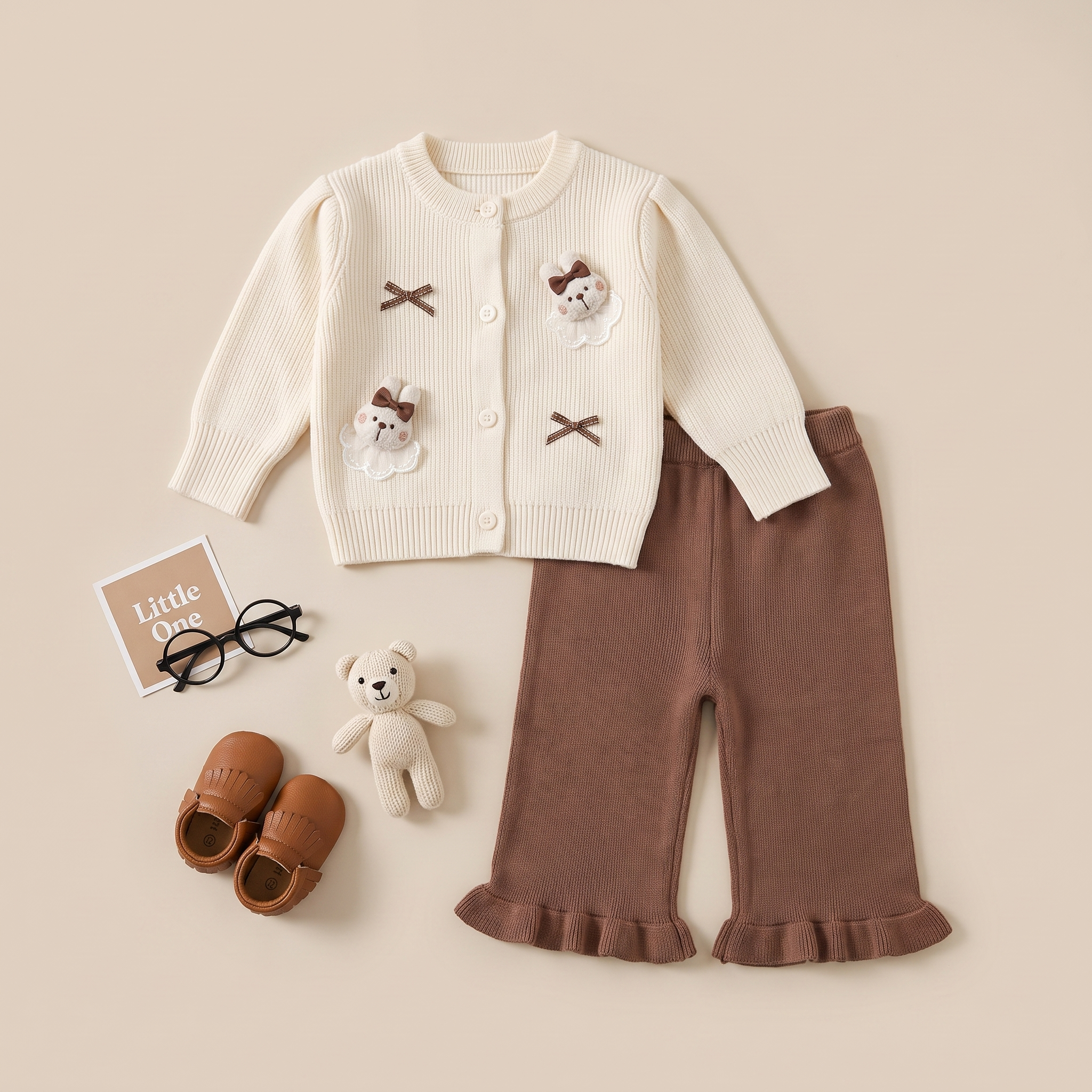 Baby Bunny Knit Cardigan & Ruffle Pants Set – Brown