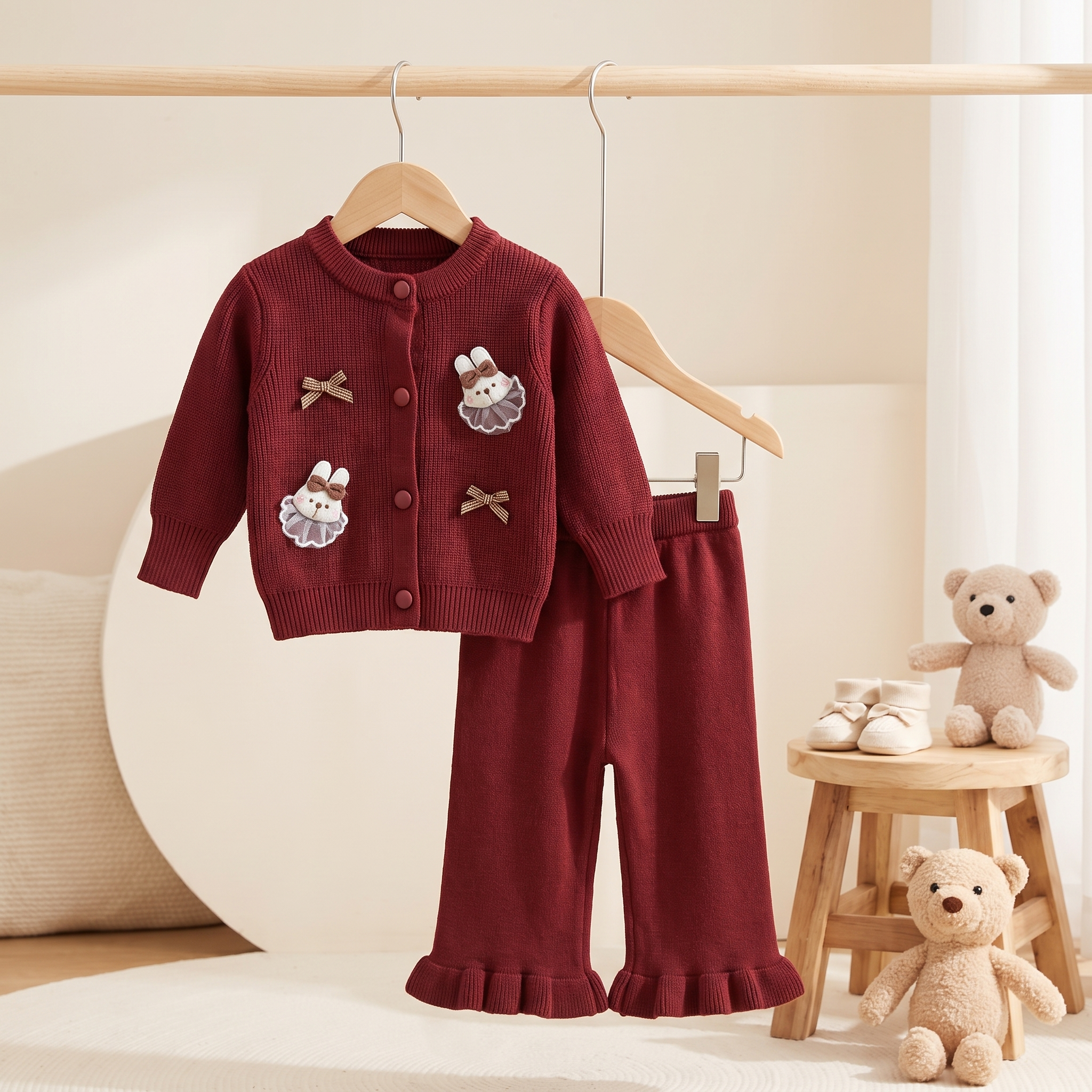 Baby Bunny Knit Cardigan & Ruffle Pants Set – Burgundy