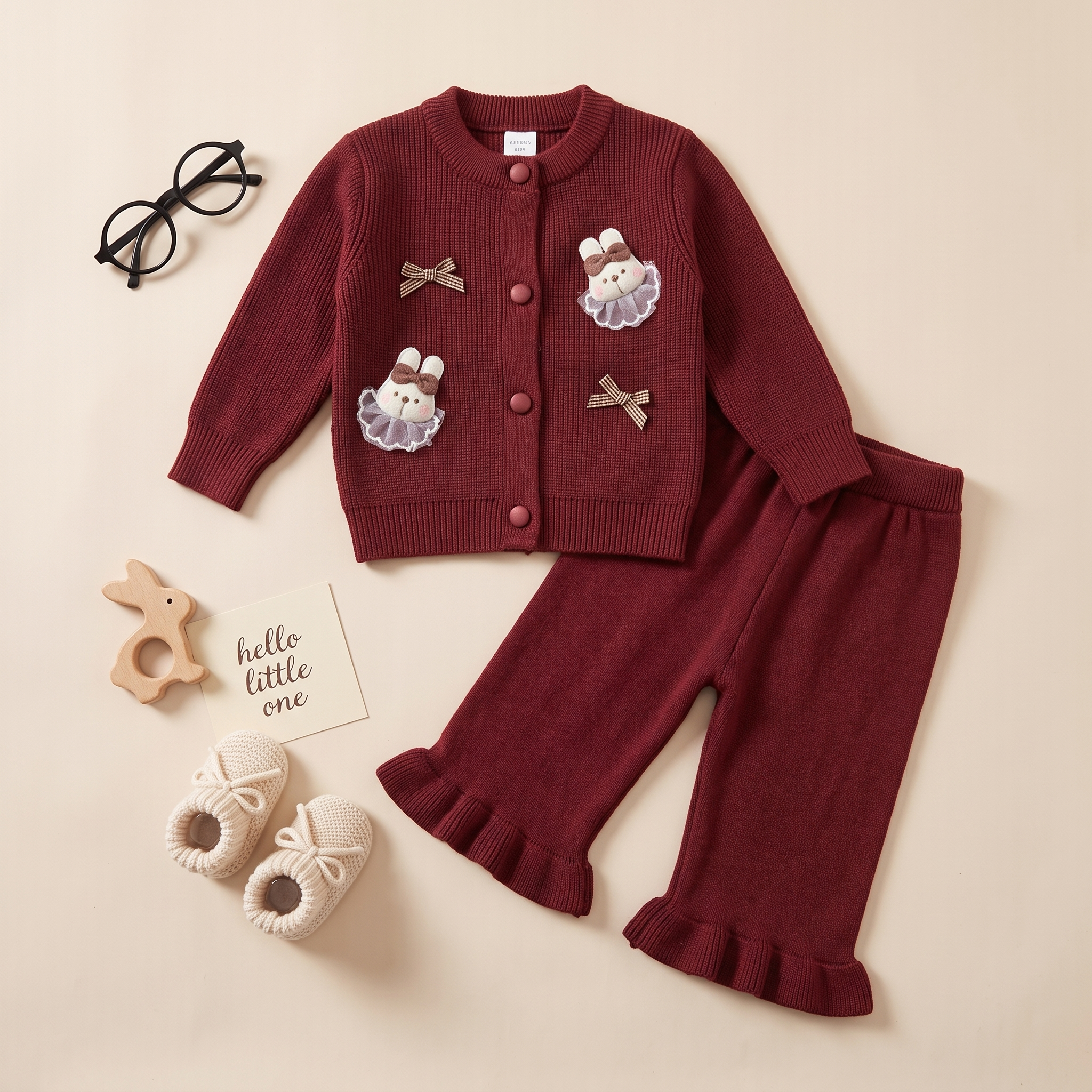 Baby Bunny Knit Cardigan & Ruffle Pants Set – Burgundy