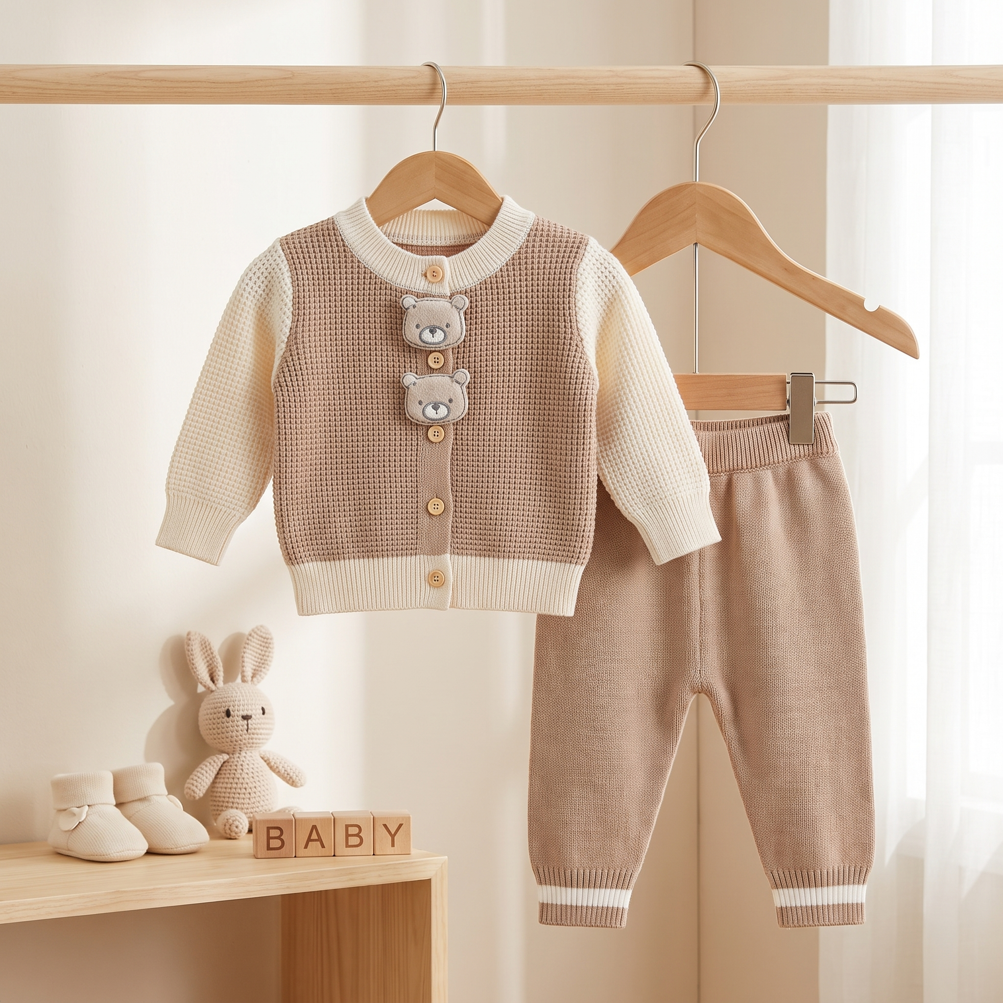 Baby Bear Knit Cardigan 2-Piece Set – Beige