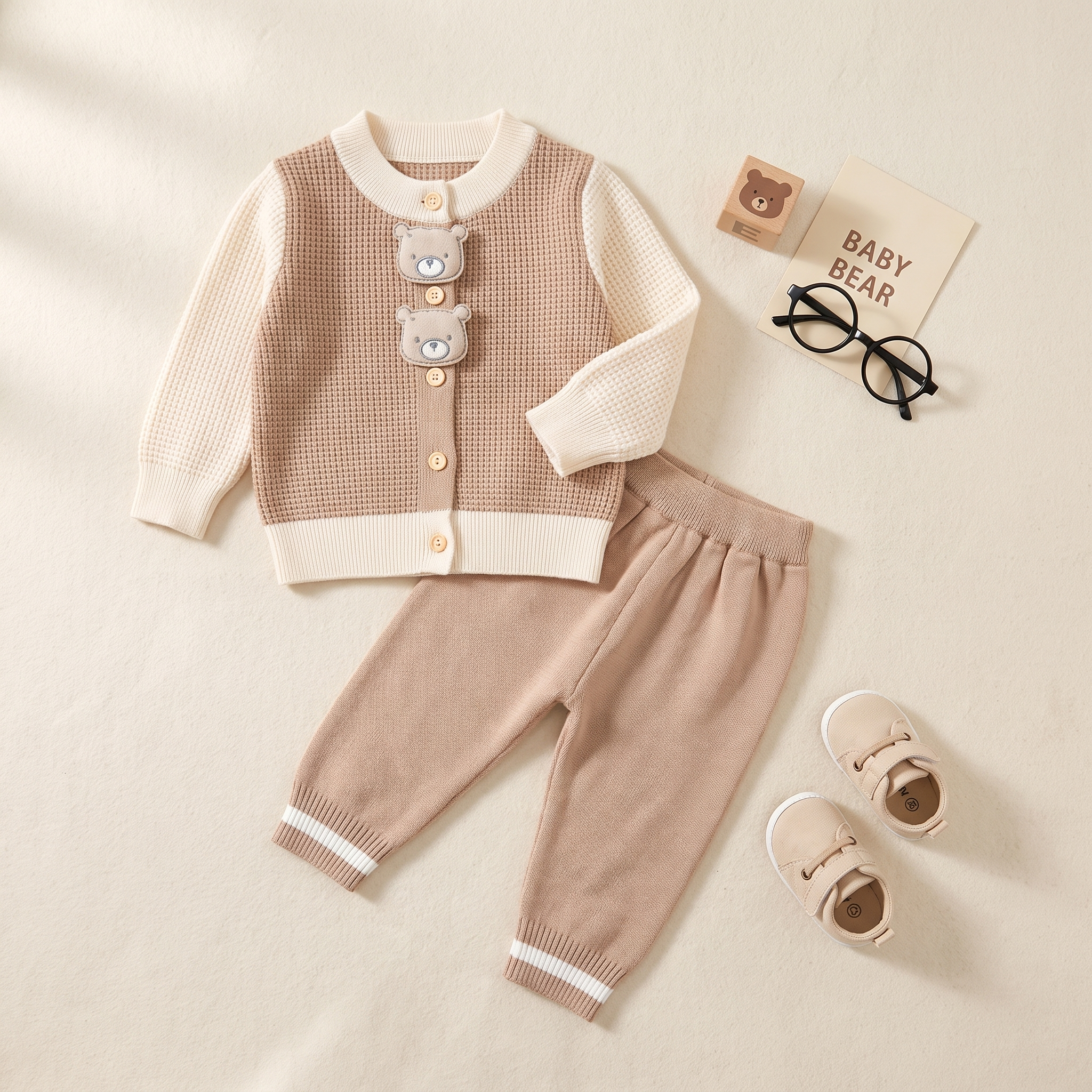 Baby Bear Knit Cardigan 2-Piece Set – Beige