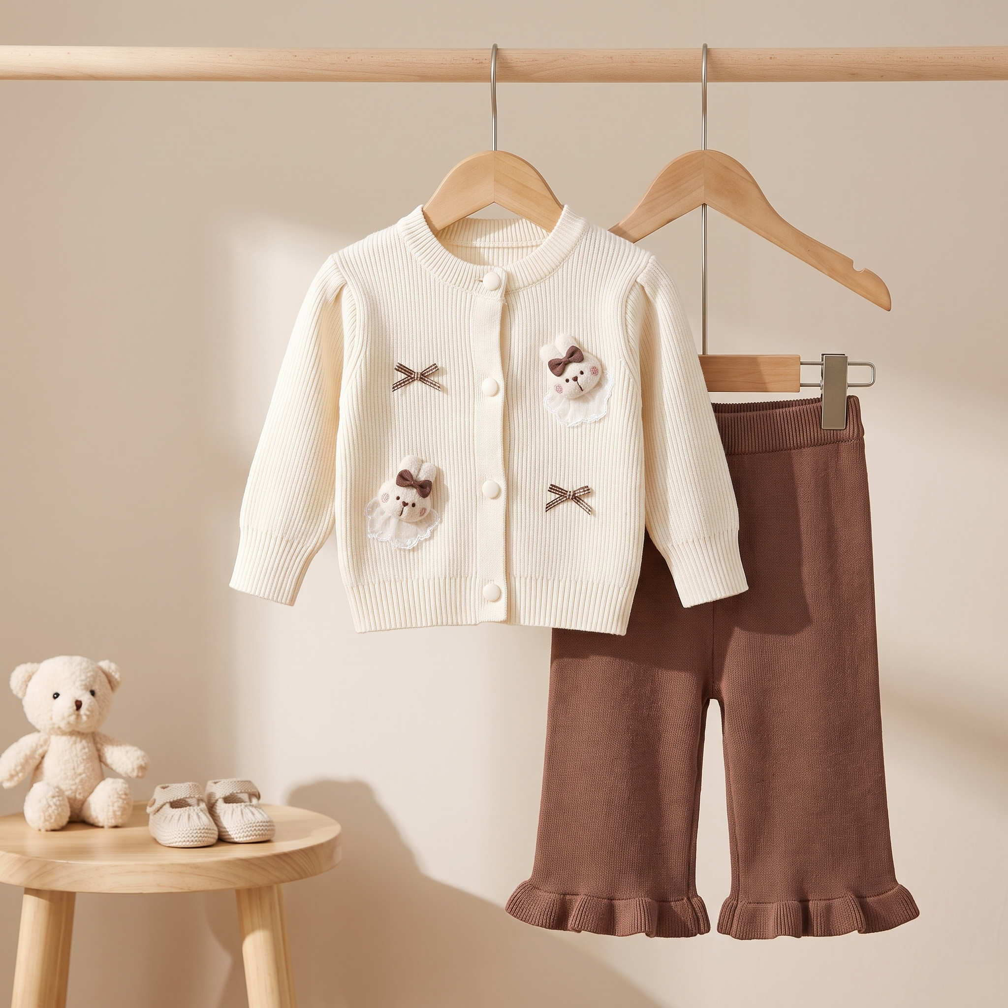 Baby Bunny Knit Cardigan & Ruffle Pants Set – Brown