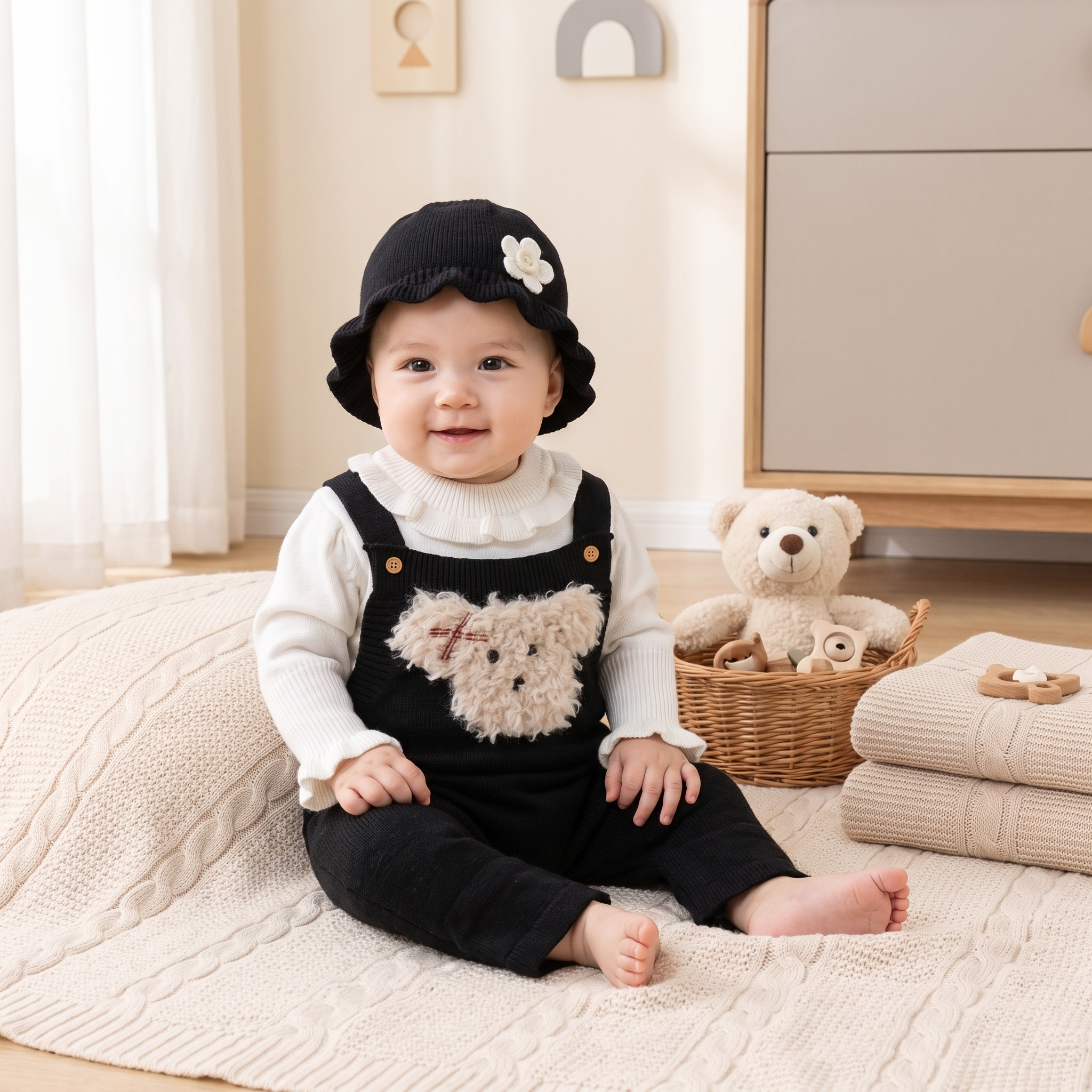 Baby Teddy Knit Dungaree 3-Piece Outfit Set – Black