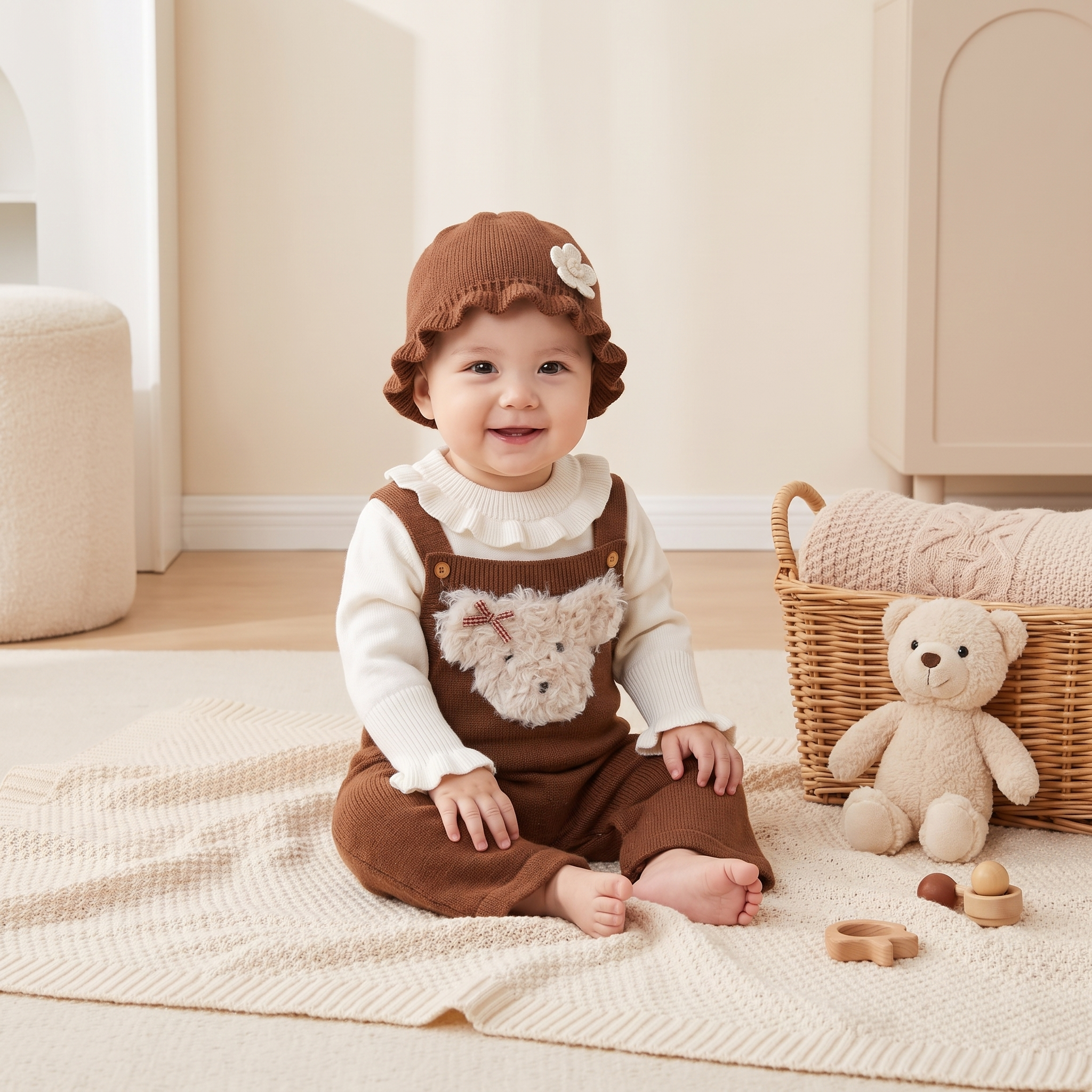 Baby Teddy Knit Dungaree 3-Piece Outfit Set – Brown