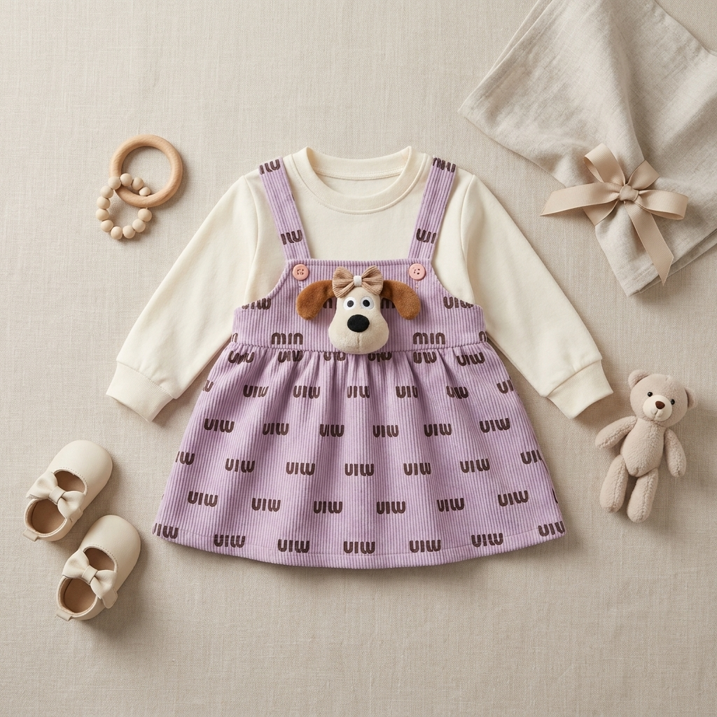Puppy Charm Corduroy Baby Dress Set – Lavender